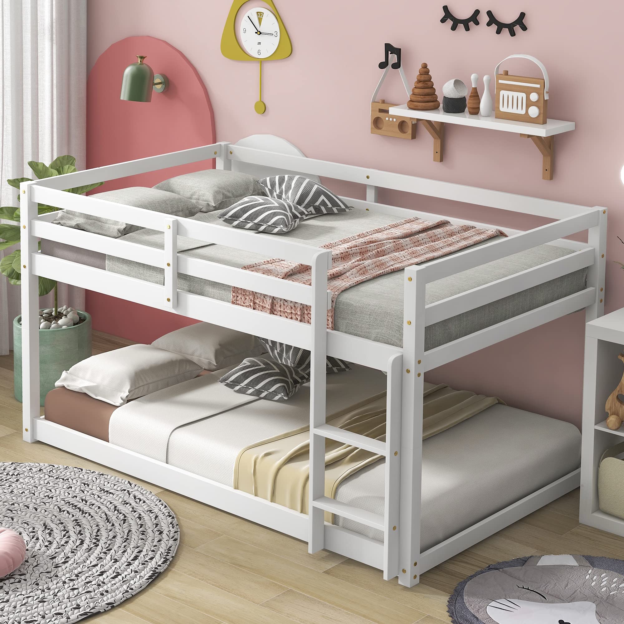Twin Over Twin Floor Bunk Bed with Wooden Slat Support - Low Profile Kids Bunk Bed with Safety Guardrails & Ladder - Sturdy Toddler & Teen Bunk Bed (White) - Perfect for Small Bedrooms, Shared Kids Rooms & Space-Saving Sleep Solutions