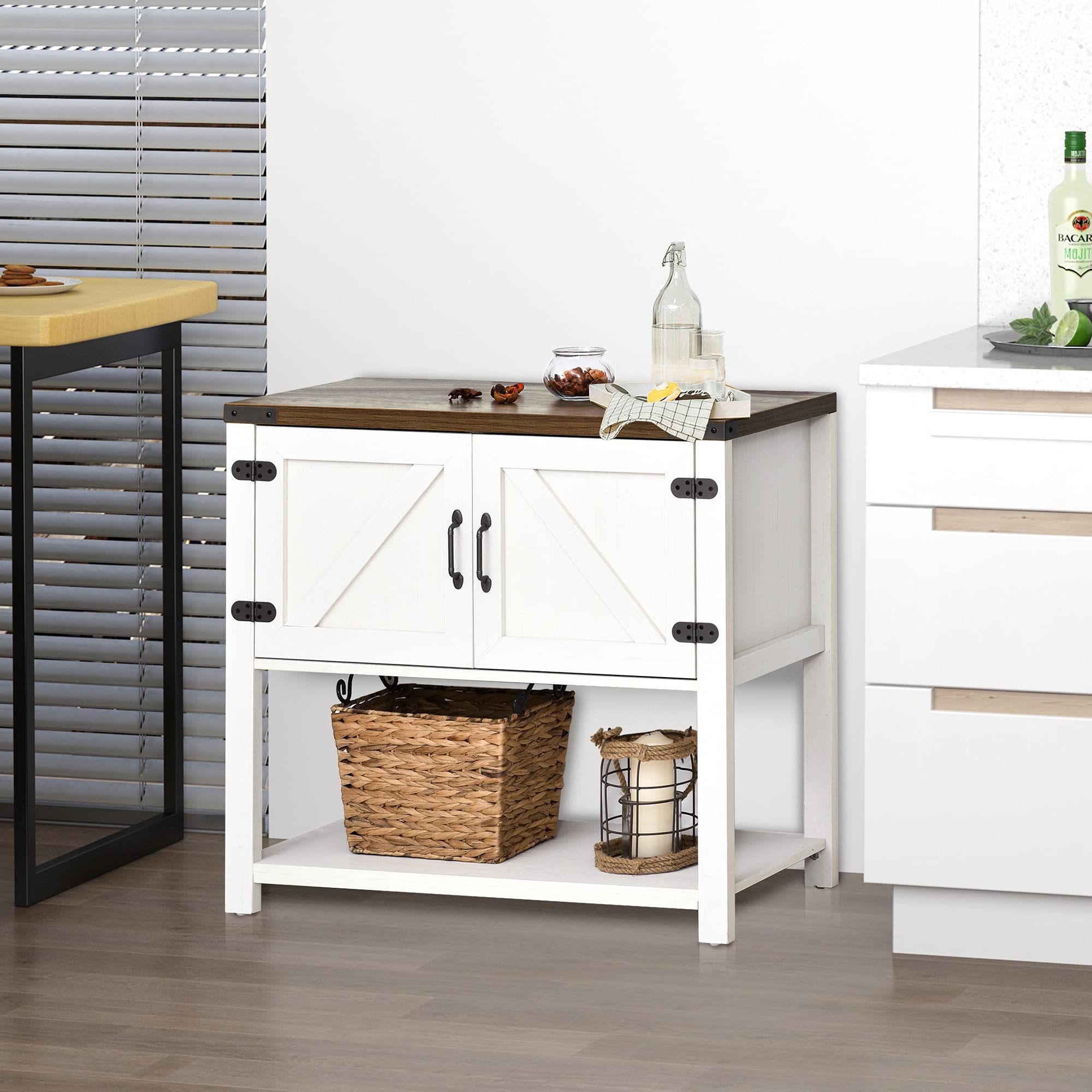 HOMCOM White Farmhouse Double Door Coffee Bar Cabinet - Sideboard Buffet with Bottom Shelf for Kitchen, Entryway & Living Room | Perfect for Coffee Station, Dining Storage & Home Organization