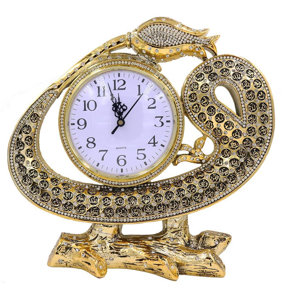 Islamic Table Decor Clock - Waw Tulip Design with 99 Names of Allah in Gold | Perfect for Home, Mosque & Islamic Gift Giving