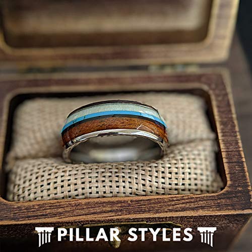 Premium Tungsten Wedding Band for Men - 8mm Deer Antler & Koa Wood Ring with Turquoise Inlay - Durable Mens Jewelry Gift for Anniversary, Engagement & Outdoor Enthusiasts