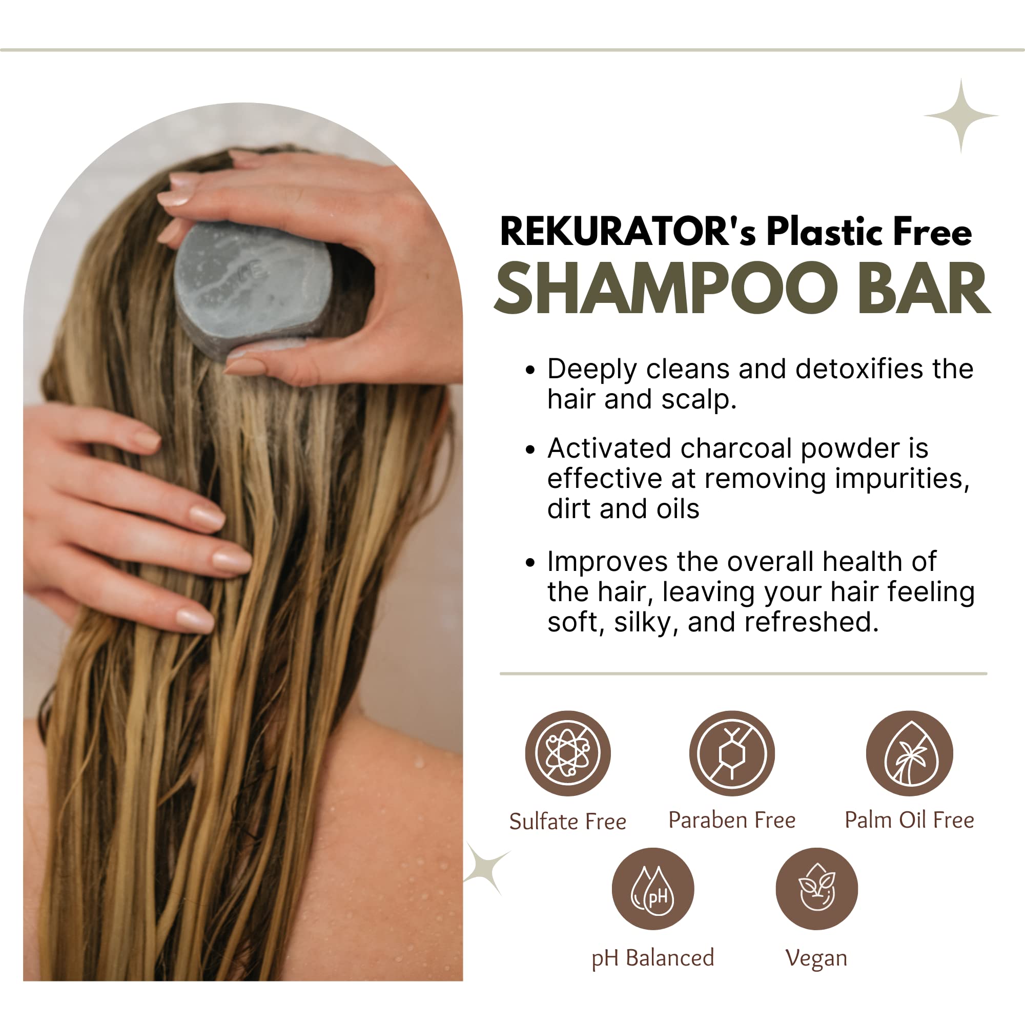 REKURATOR Activated Charcoal Detoxifying Shampoo Bar with Brown Rice Extract - Sulfate Free, Paraben Free, Vegan & Cruelty Free Hair Care for Dry Scalp - Zero Waste Shampoo Bar for Travel, Camping & Eco-Friendly Lifestyle