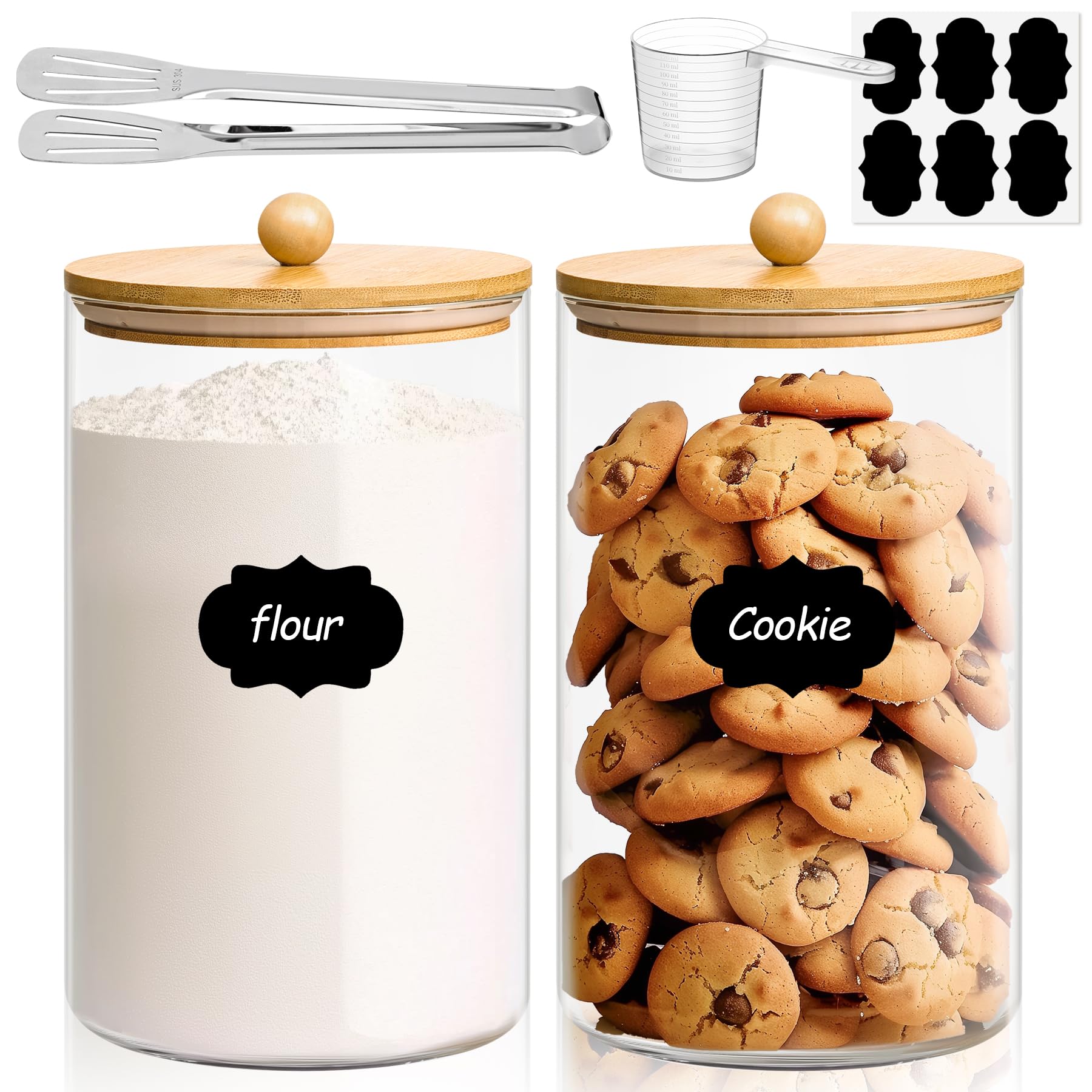 ComSaf 1 Gallon Glass Cookie Jar with Airtight Lid - Set of 2 Large 128oz Pantry Storage Containers for Flour, Sugar, Oatmeal, Pasta & Dry Foods - Includes Measuring Spoon & Seal Clip - Perfect for Kitchen, Baking & Bulk Food Organization