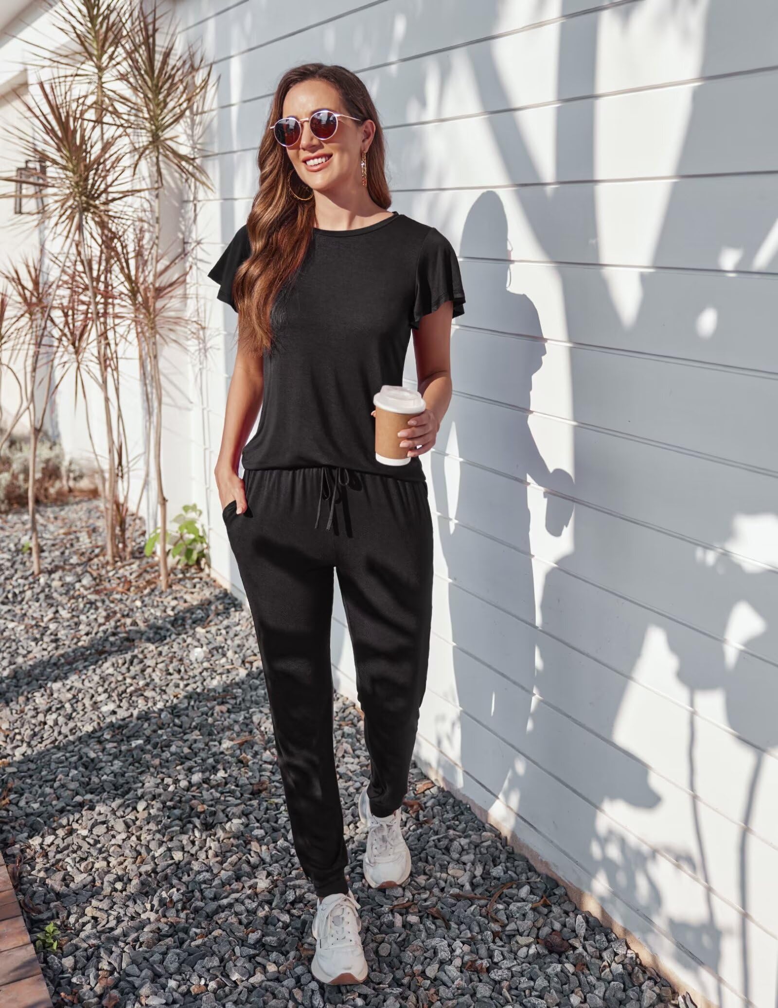 Ekouaer Women's Pajama Set - Soft Short Sleeve Sleepwear & Long Pants Lounge Set with Pockets | Comfortable Jogger PJs for Nightwear, Lounging & Travel