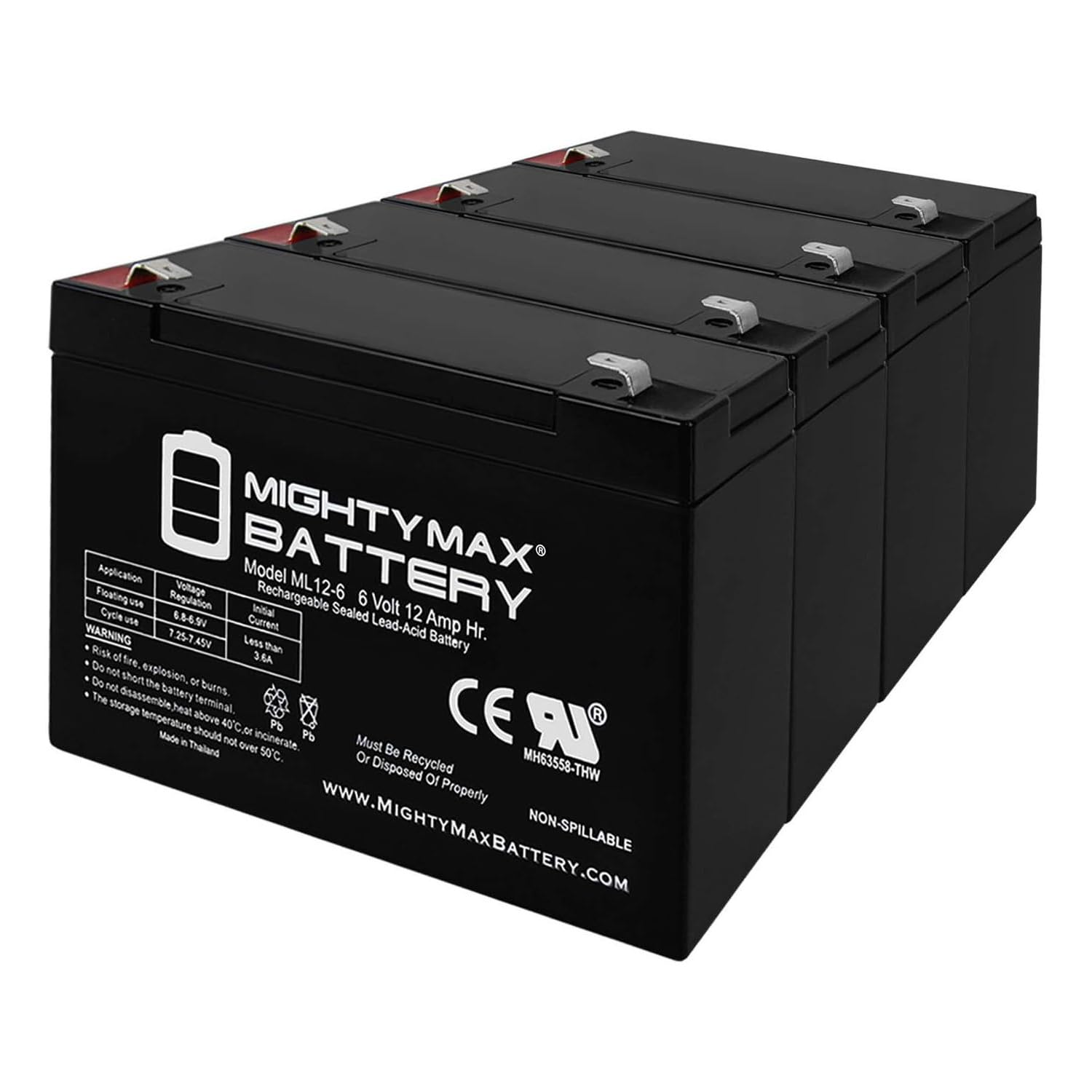Mighty Max Battery ML12-6 6V 12AH Rechargeable Sealed Lead Acid Battery - 4 Pack for UPS Backup, Emergency Power Supply, and Solar Systems - Perfect for Home, Office, and Outdoor Use