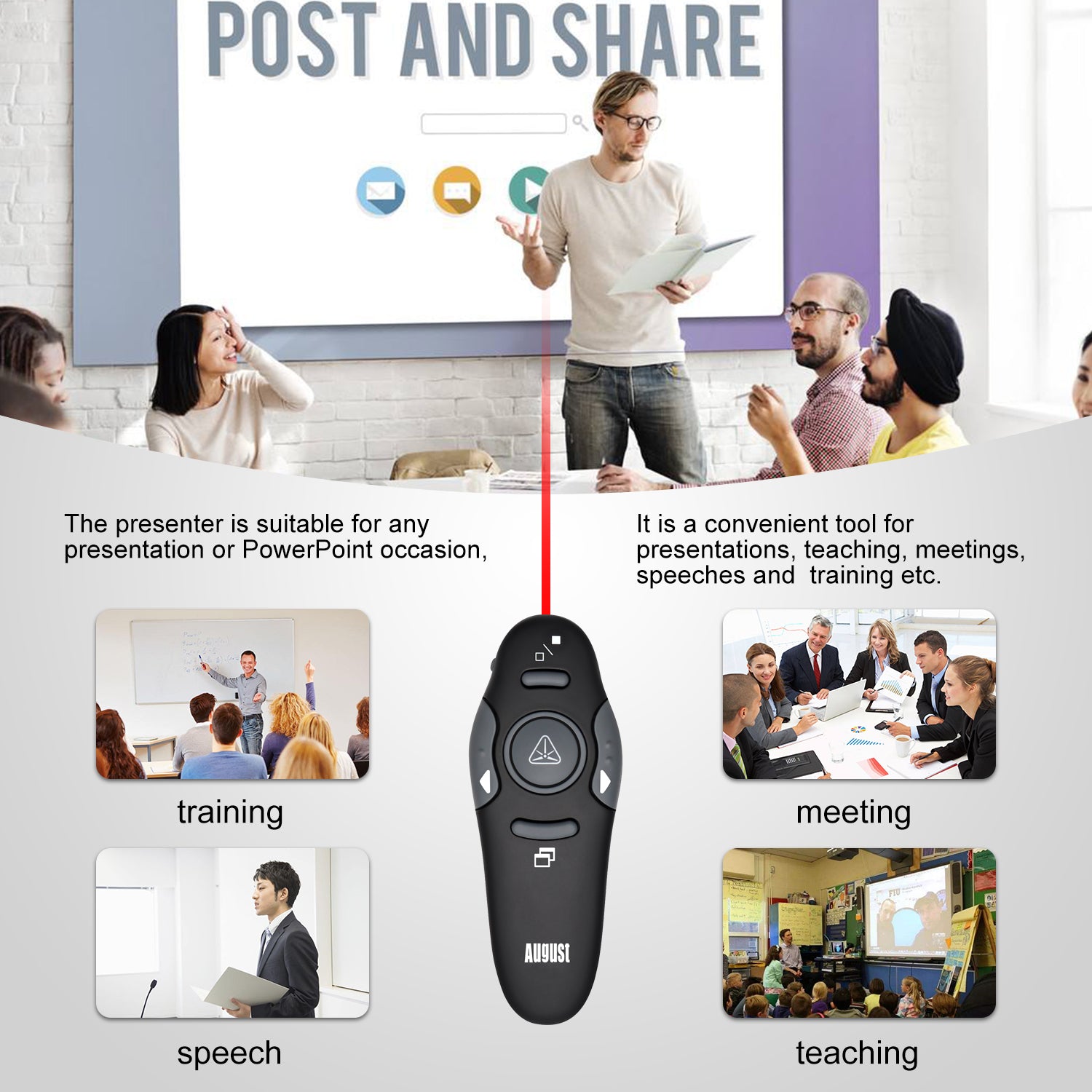 August LP205R Wireless Presenter Remote Control for PowerPoint & Google Slides - Laser Pointer & Slide Advancer - Perfect for Business Presentations & Online Teaching [Refurbished]
