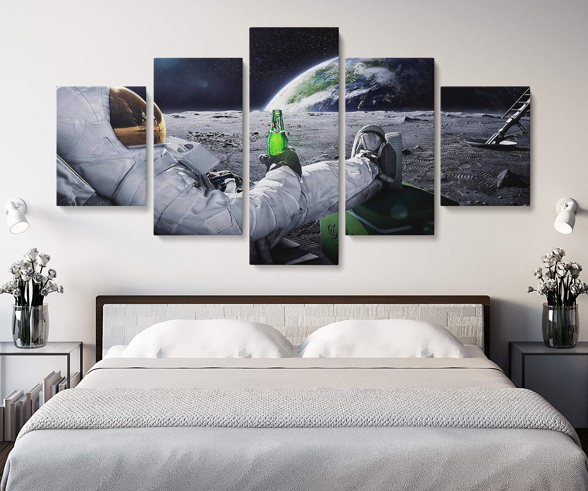 Beer Drinking Astronaut Canvas Wall Art Set - 5 Piece Large Space Themed Home Decor for Man Cave, Funny Beer Lover Gift for Dad, Husband & Men - Perfect for Living Room, Bar or Office Decoration