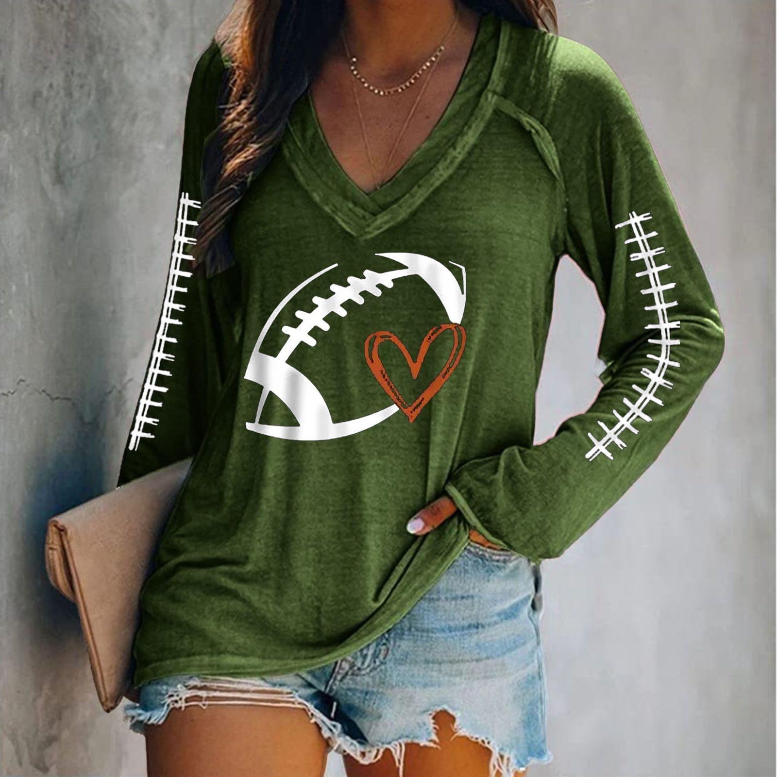 Women's Football Game Day Shirts - Heart Print Lightweight Long Sleeve Crewneck Pullover Hoodie - Perfect for Football Moms, Tailgating & Fan Apparel