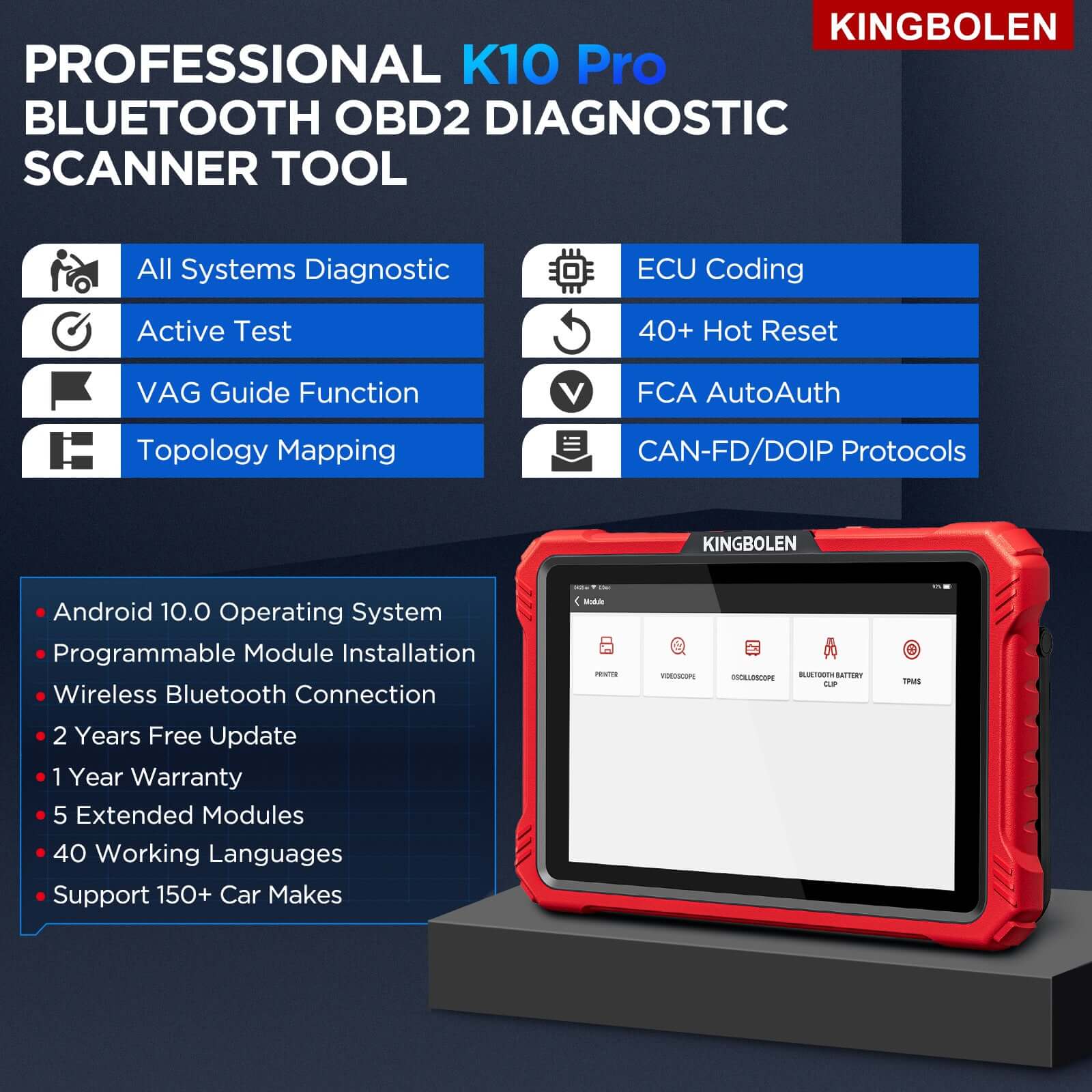 Kingbolen K10 PRO CANFD & DoIP Bluetooth OBD2 Scanner - 40+ Resets, All System Car Diagnostic Tool with ECU Coding & Active Test Guide - Perfect for Mechanics, DIY Car Enthusiasts & Auto Repair Shops