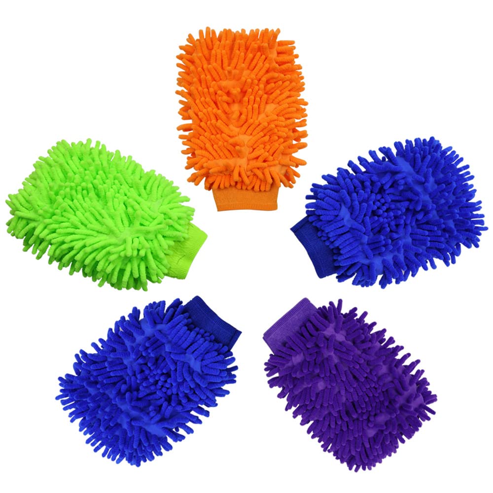 5 Pcs Premium Chenille Microfiber Car Wash Gloves - Double Sided Scratch-Free Wash Mitts & Soft Sponges for Safe Car Cleaning - Perfect for Auto Detailing, Washing, and Waxing at Home or Professional Use
