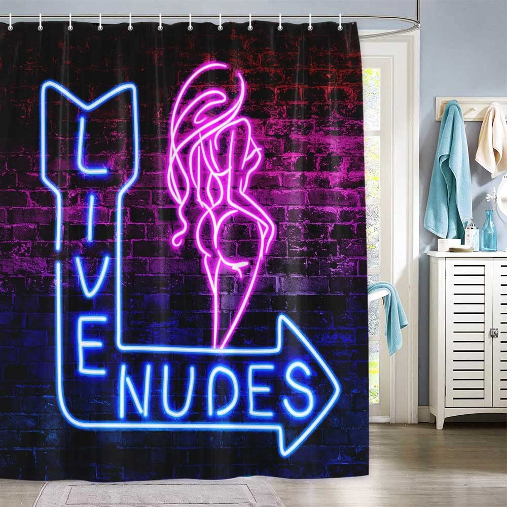 Funny Live Nudes Shower Curtain Set - Waterproof Fabric Bathroom Decor with 12 Hooks, Neon Sign & Sexy Girl Design for Blue/Red Brick Wall Theme - Perfect for Adult Humor Bathrooms, Bachelor Pads, and Unique Home Decor