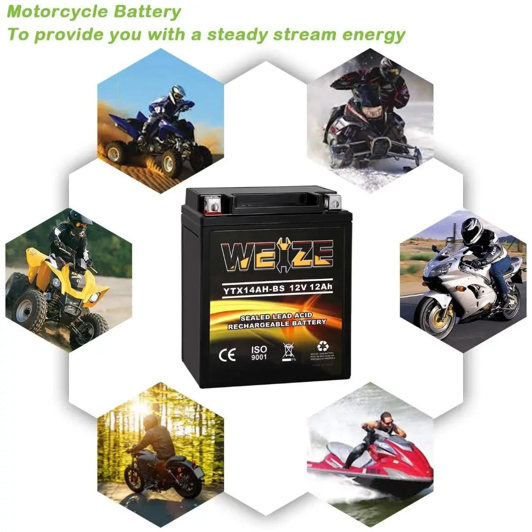 WEIZE YTX14AH BS 12V 12Ah High Performance AGM Battery - Maintenance Free, Sealed ATV/Motorcycle Battery for Polaris Sportsman 570, Trail Blazer 250, Ranger 400/500, Suzuki King Quad 300, QuadRunner 250 - Perfect for Off-Road Adventures & Power Sports