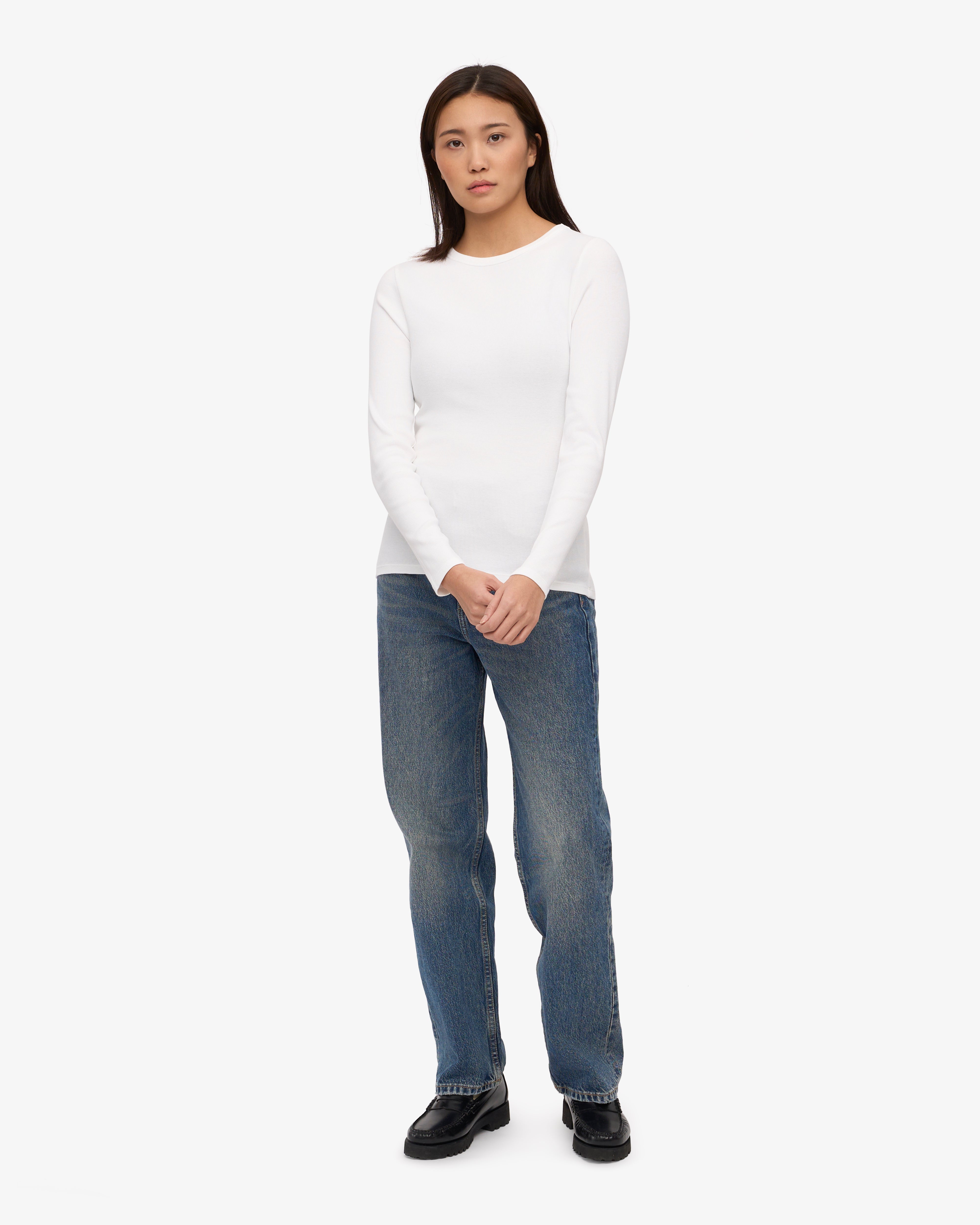 Organic Women's Long Sleeve Ribbed T-Shirt in Optical White - Perfect for Casual Wear, Layering & Everyday Comfort