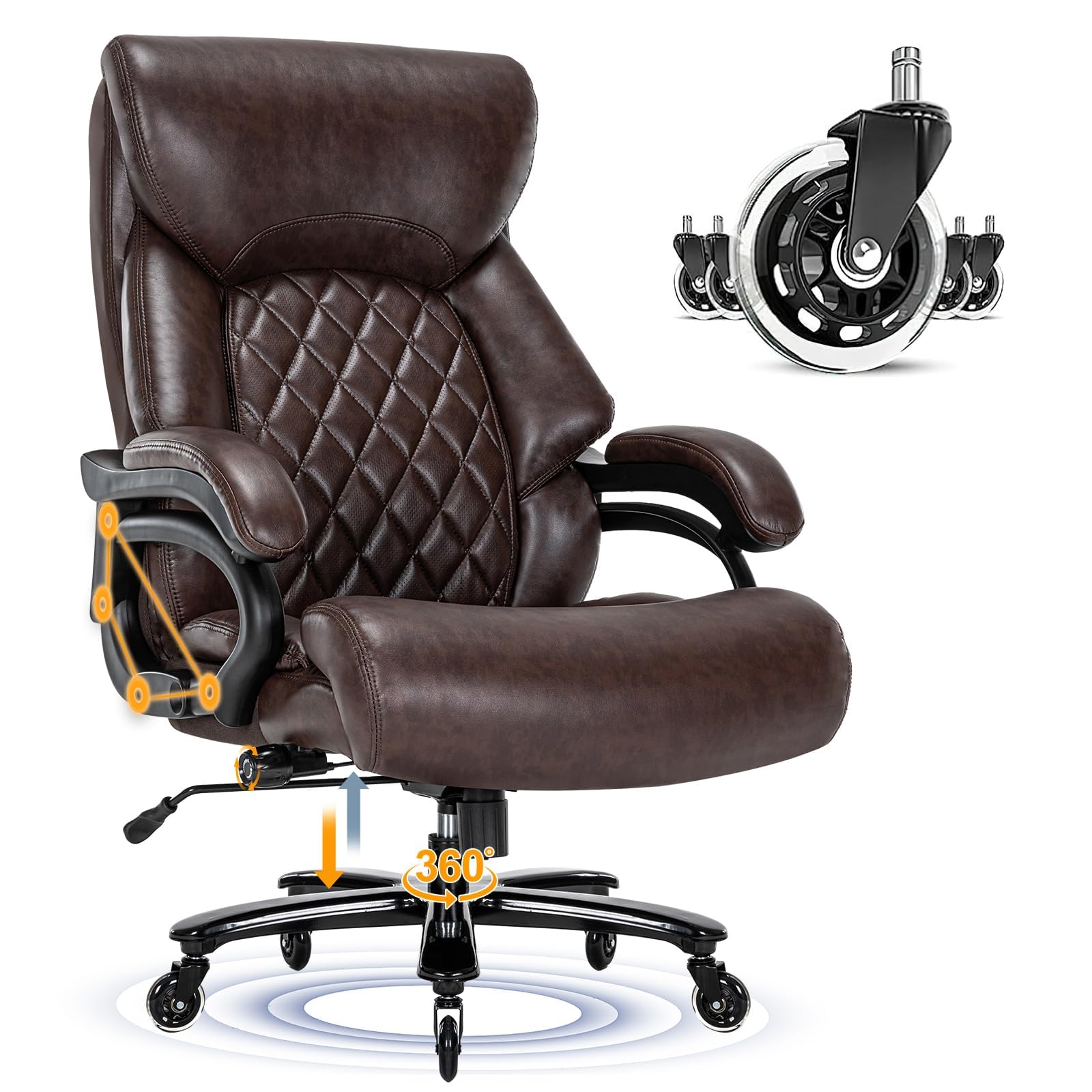 Big and Tall Office Chair for Heavy People up to 500LBS - High Back Extra Wide Executive Chair with Adjustable Lumbar Support - Heavy Duty Ergonomic Computer Desk Chair for Home Office - Brown (Perfect for Large Workspaces & Long Working Hours)