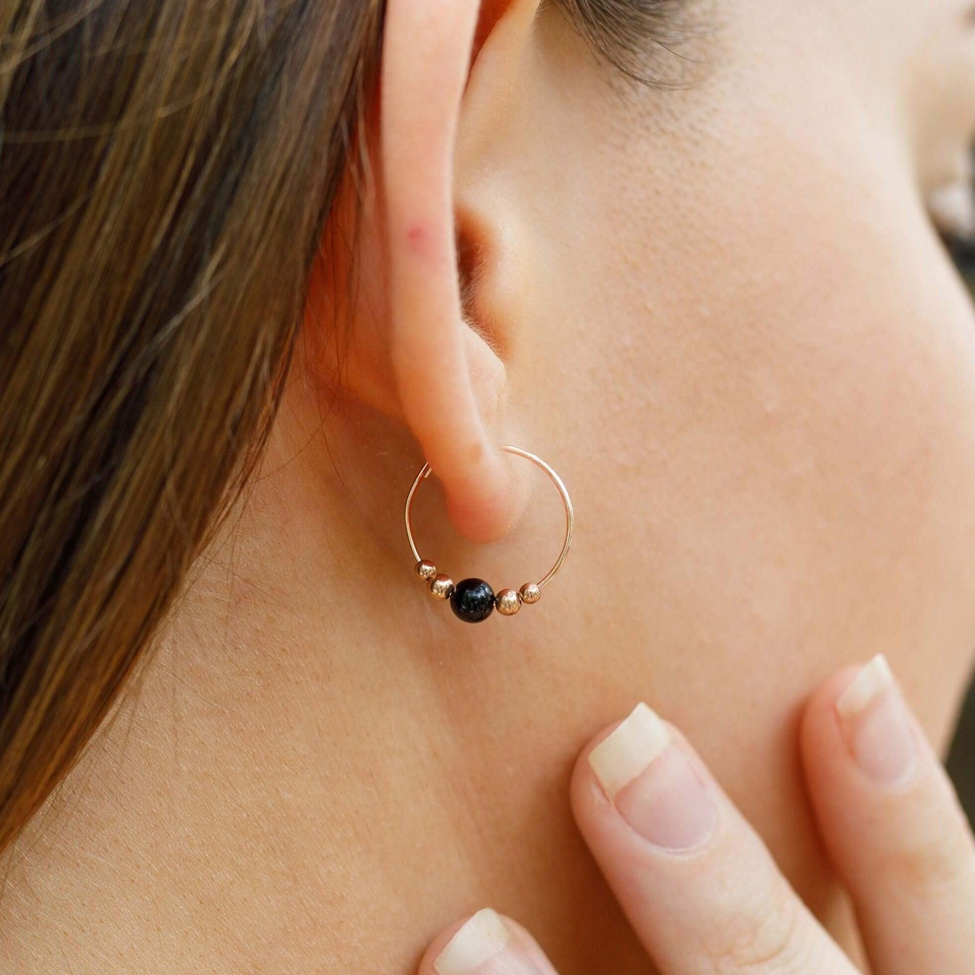 Stylish Black Onyx Bead Hoop Earrings for Women - Dainty Minimalist Jewelry for Everyday Wear, Parties & Special Occasions