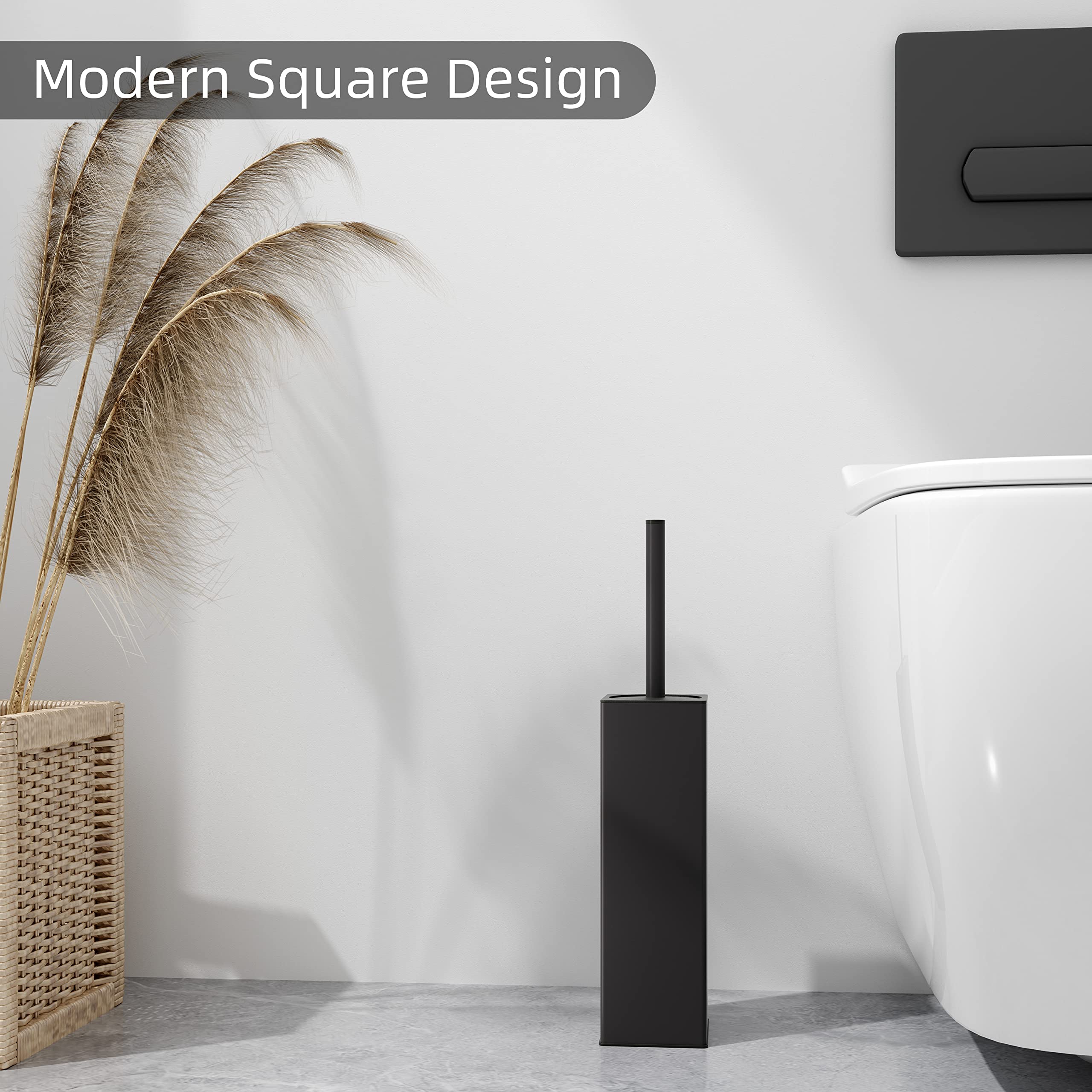 BGL Stainless Steel Square Toilet Brush Set with Holder - 2 Replaceable Rubber-Coated Brush Heads for Bathroom Cleaning - Black - Ideal for Home, Hotel & Office Restroom Maintenance