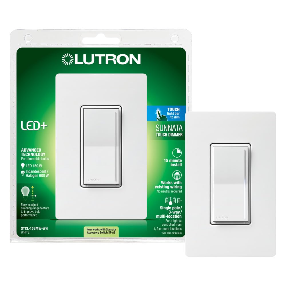 Lutron Sunnata Touch Dimmer Switch with Wall Plate - LED+ Advanced Technology for LED & Incandescent Lights - 3-Way/Multi-Location Control - STCL-153MW-WH White - Perfect for Living Rooms, Bedrooms & Smart Home Lighting Systems