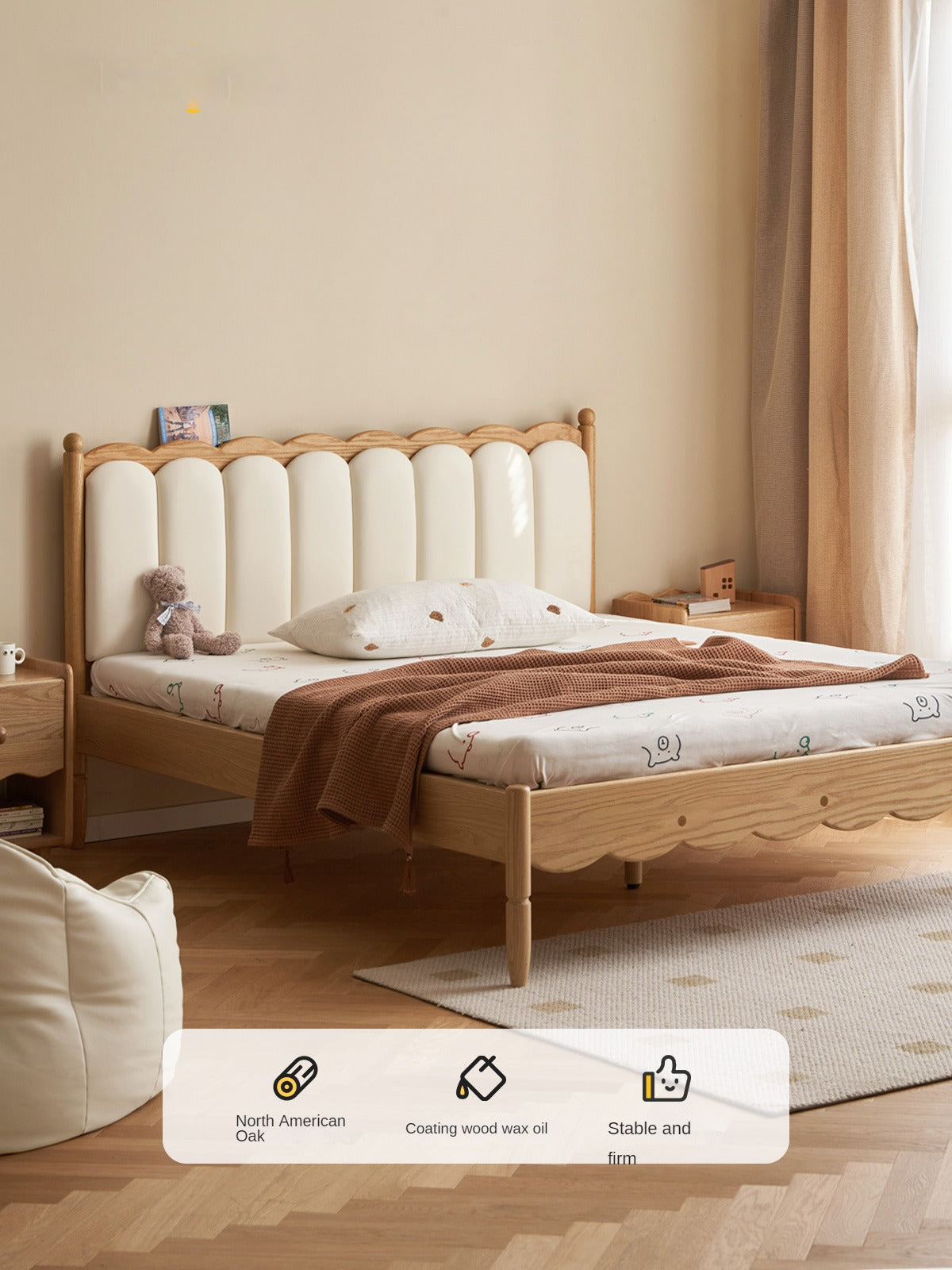 Premium Oak Solid Wood Kids Upholstered Bed with Soft Headboard - Milky White | Safe & Comfortable Toddler Bedroom Furniture for Boys & Girls | Perfect for Bedrooms, Daycare & Guest Rooms