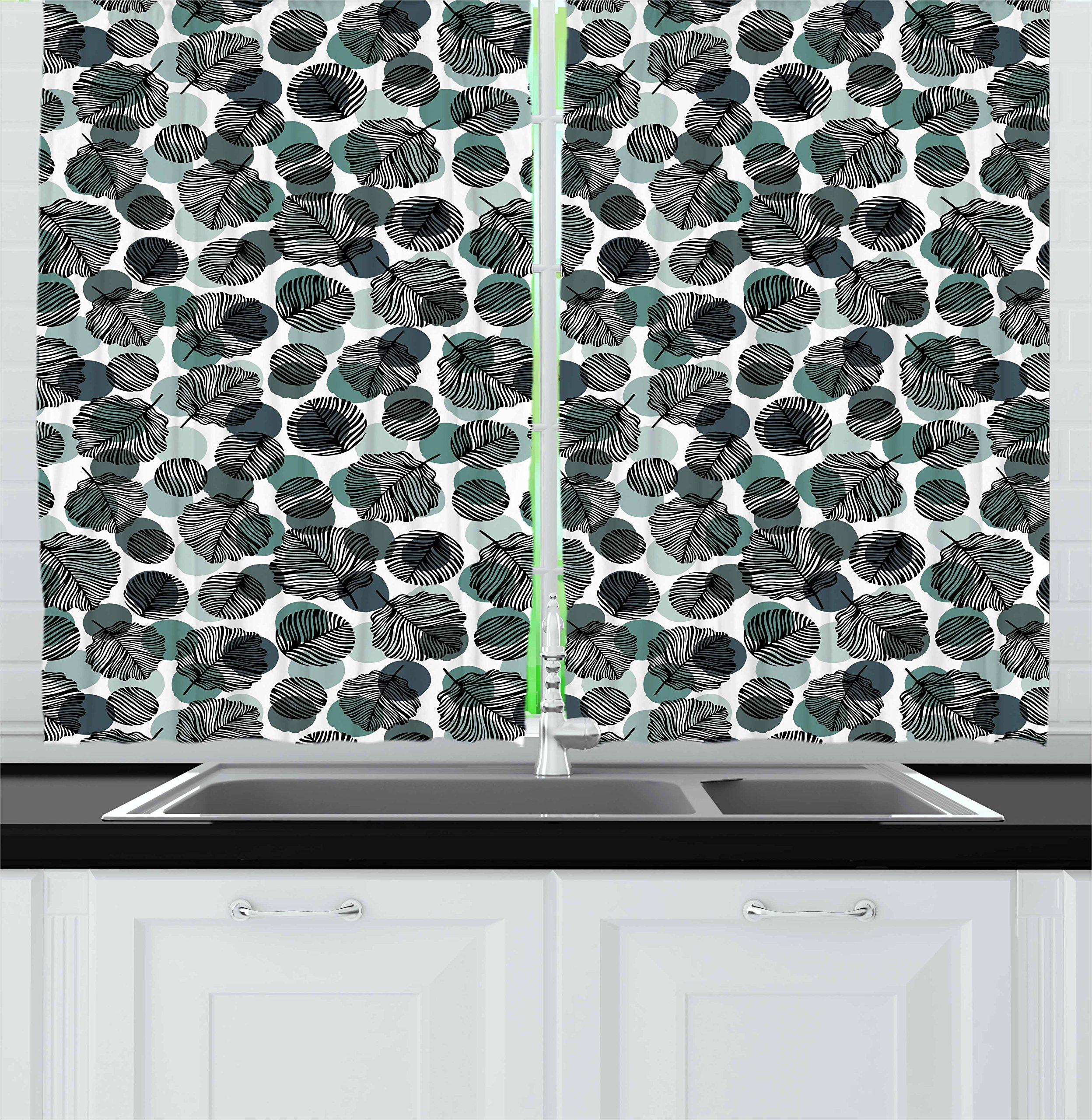 Ambesonne Botanical Leaf Print Kitchen Curtains - 2 Panel Set with Dotted Background & Black Stripes, 55