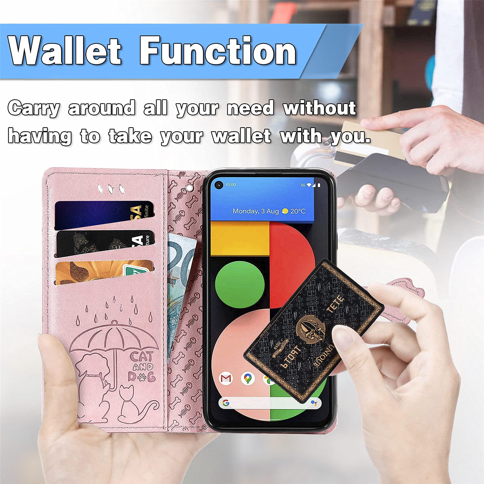 Cute Cartoon Wallet Case for Google Pixel 5A 5G - Cat & Dog Style Flip Cover with ID Card Holder, PU Leather Phone Case (Rose Gold) - Perfect for Daily Use, Travel & Hands-Free Convenience