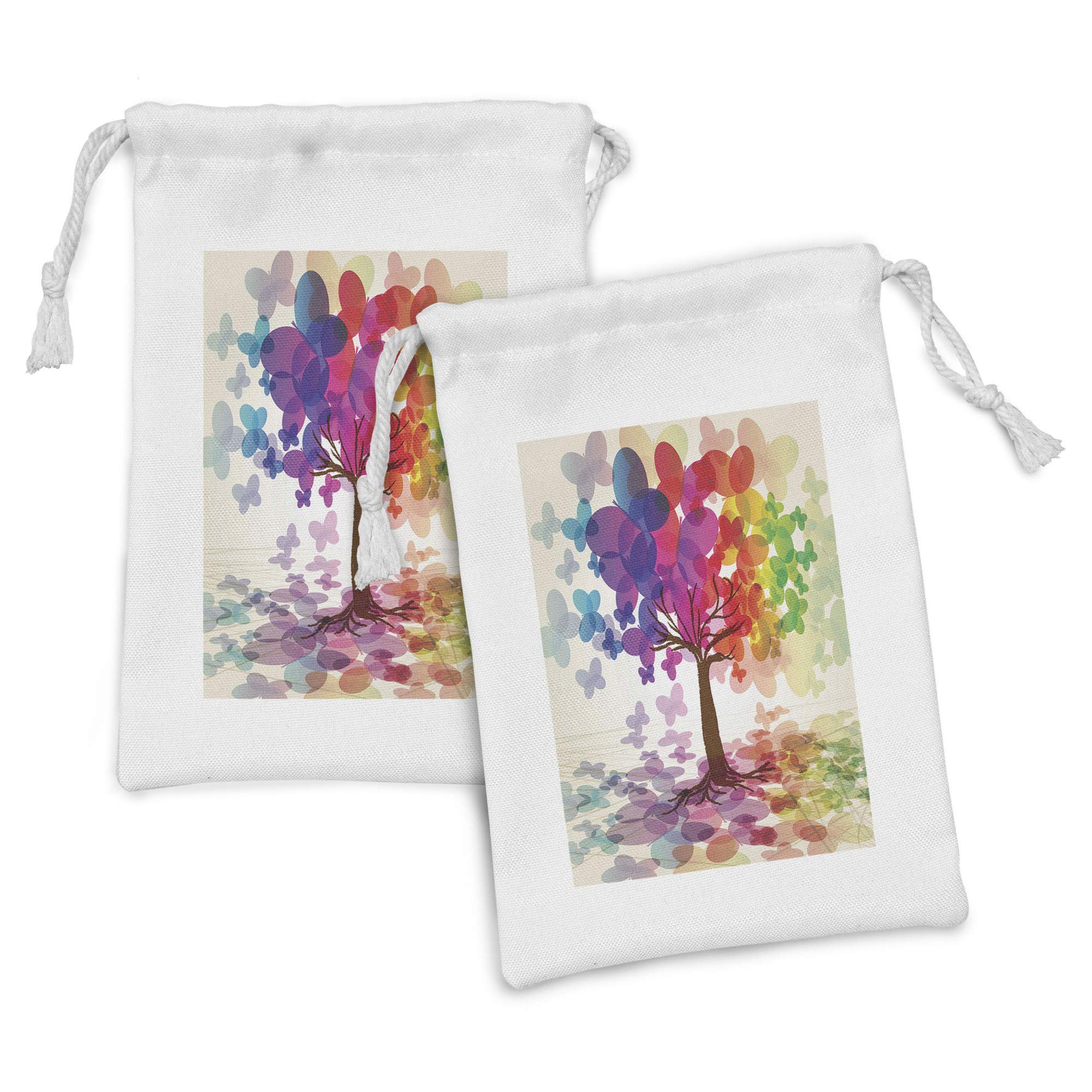 Ambesonne Abstract Fabric Pouch Set of 2 - Colorful Spring Tree with Butterflies Design, Small Drawstring Bags for Toiletries, Masks, Jewelry & Party Favors (9
