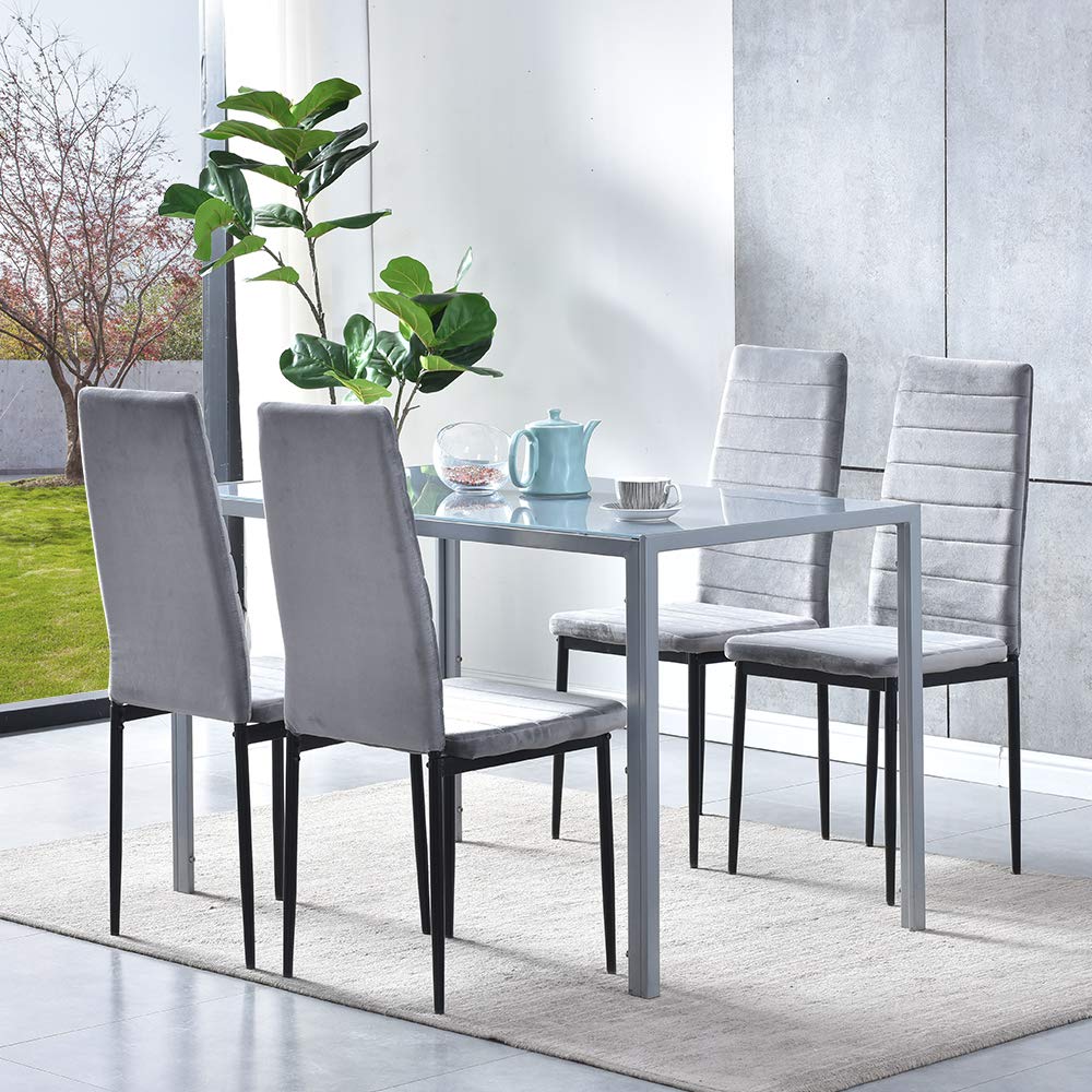 5-Piece Modern Grey Dining Set with Tempered Glass Table & 4 Velvet Chairs - Space Saving Kitchen/Dining Room Furniture for Small Apartments, Breakfast Nooks & Cozy Meals