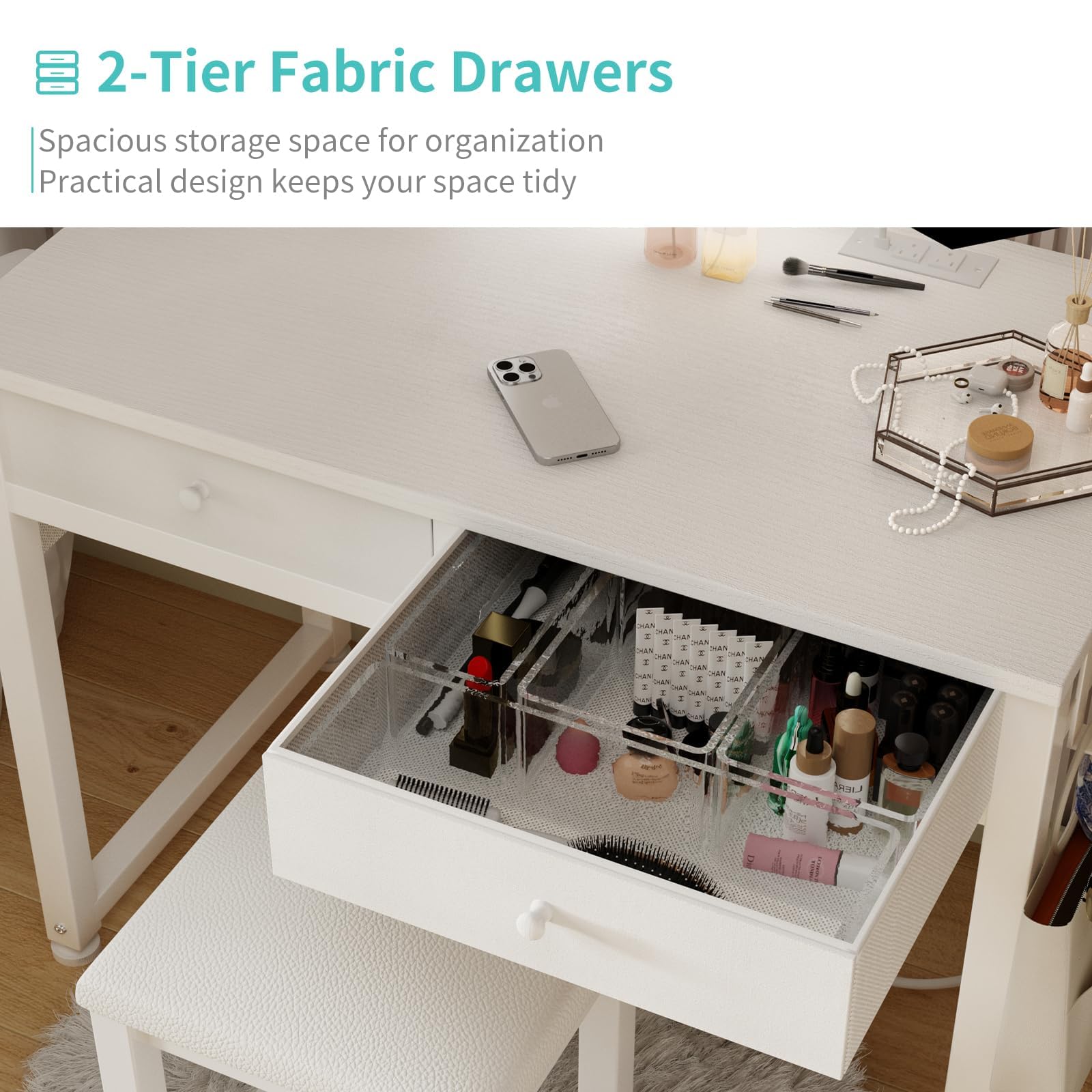 Lufeiya 32 Inch White Makeup Vanity Desk Set with Mirror, Lights & Fabric Drawers - Dressing Table with Chair & Power Outlet for Girls Bedroom - Perfect for Makeup, Skincare & Hair Styling