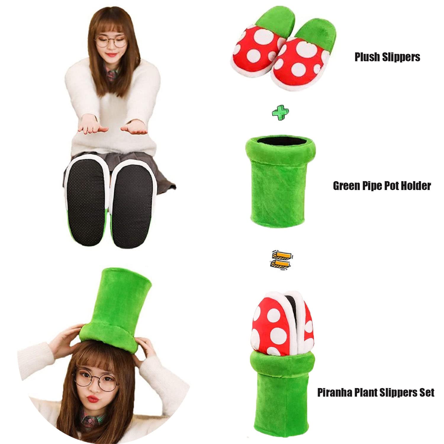 Piranha Plant Plush Slippers for Adults & Kids - Super Mario Inspired Funny House Shoes with Green Pipe Pot Holder - Perfect Gift for Gamers & Cosplay Fans (Great for Indoor Use, Gaming Parties & Themed Events)