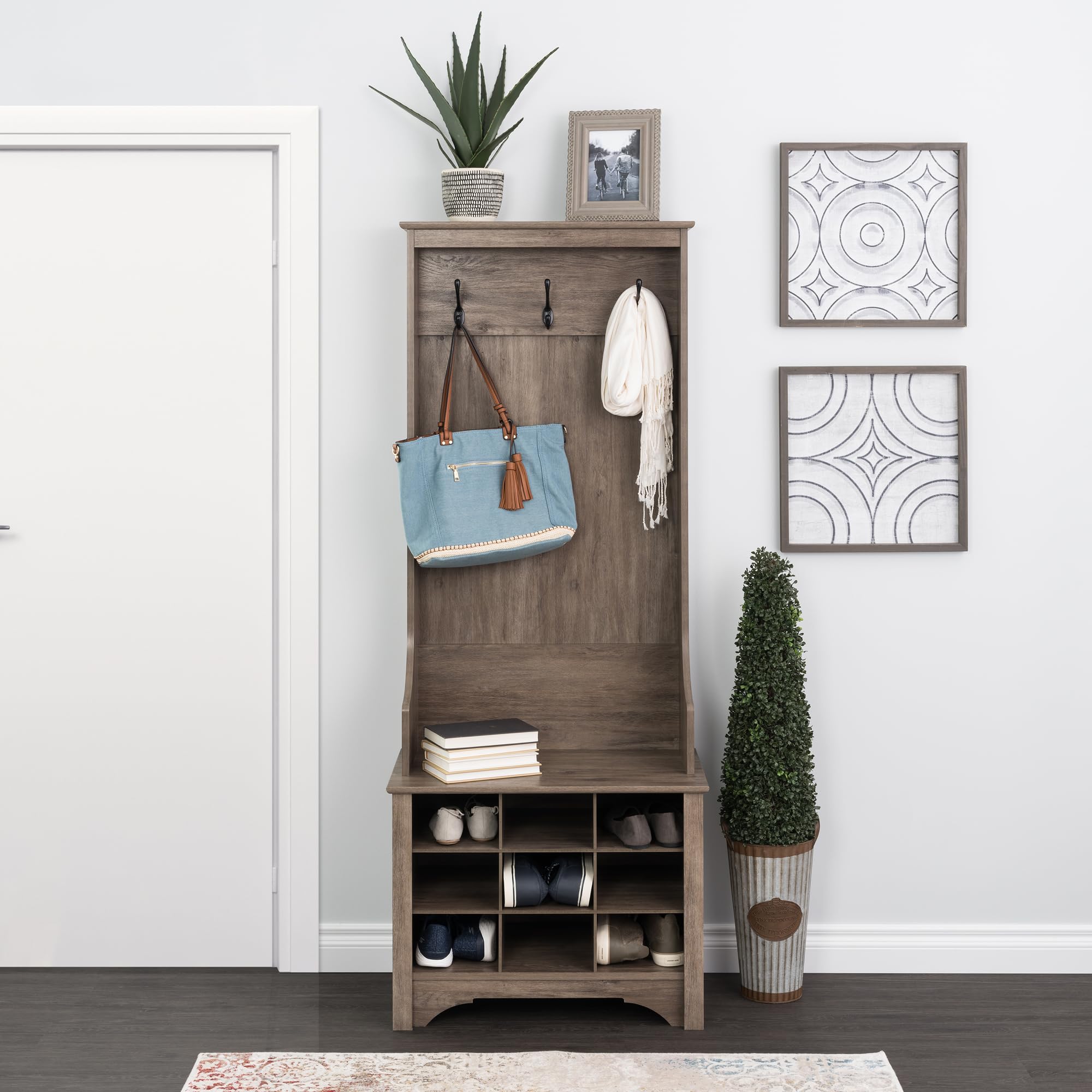 Prepac Gray Hall Tree Entryway Organizer - 9 Shoe Storage Cabinet with 3 Double Coat Hooks, 15.5