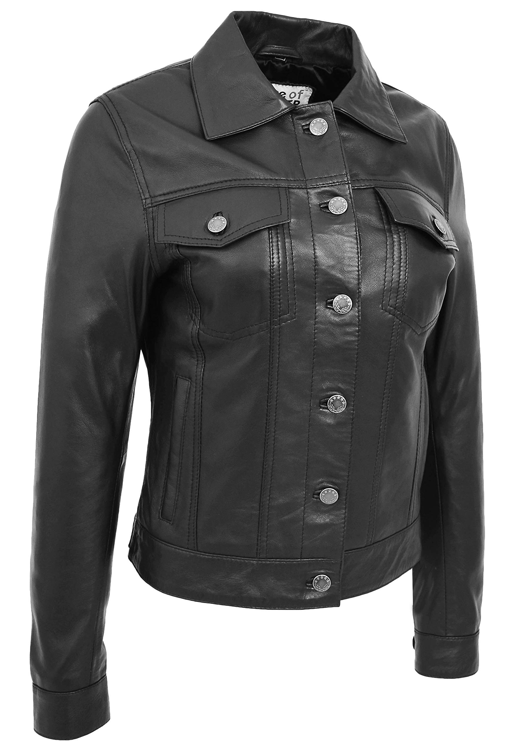 Women's Black Leather Trucker Jacket - Fitted Denim Biker Style Coat for American Girls | Perfect for Motorcycle Riding, Casual Outings & Night Out Fashion