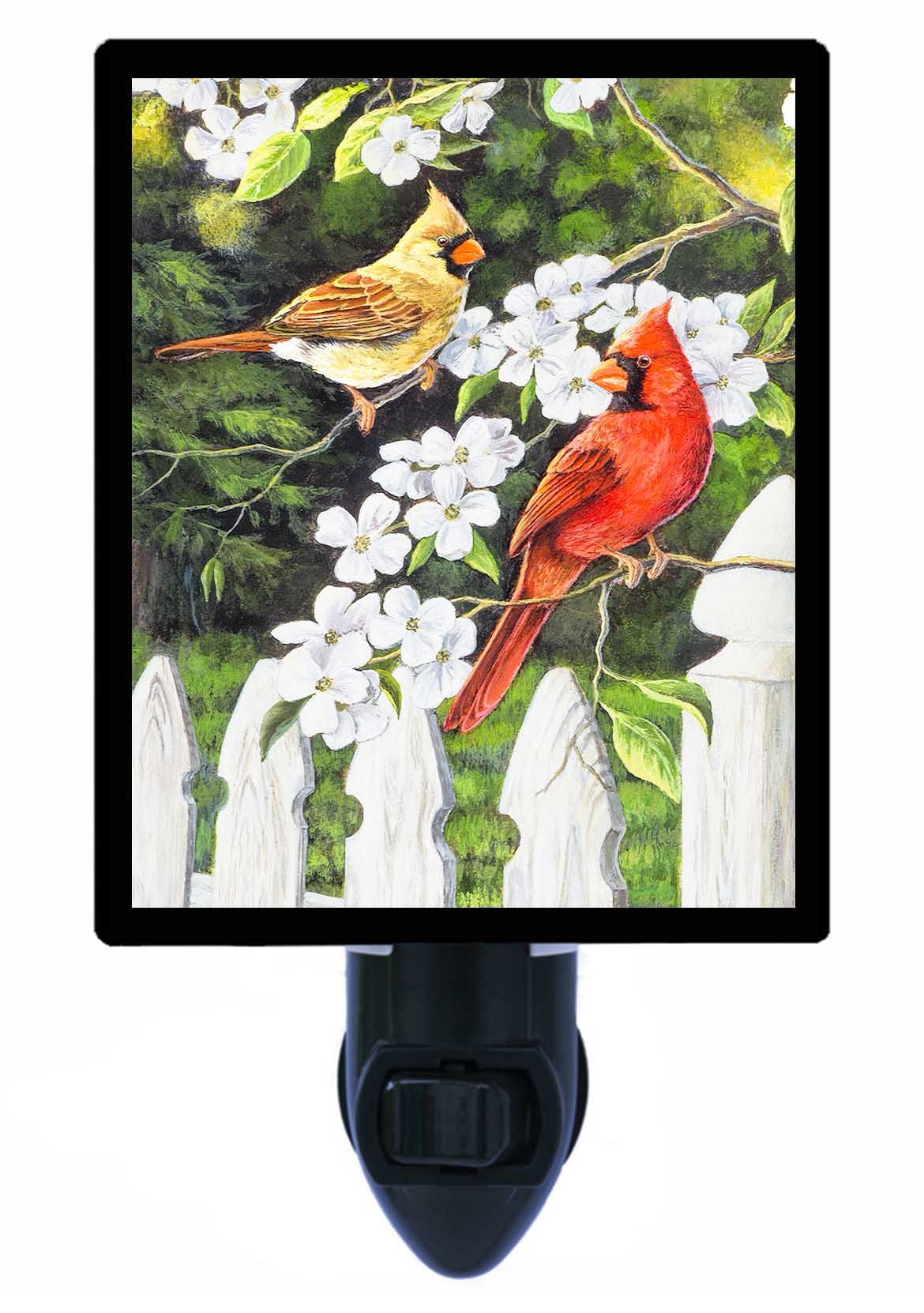 Dogwood Blossoms & Cardinals LED Night Light - Summer Birds & Fence Design - Soothing Bedroom, Nursery, or Hallway Night Light for Kids & Adults