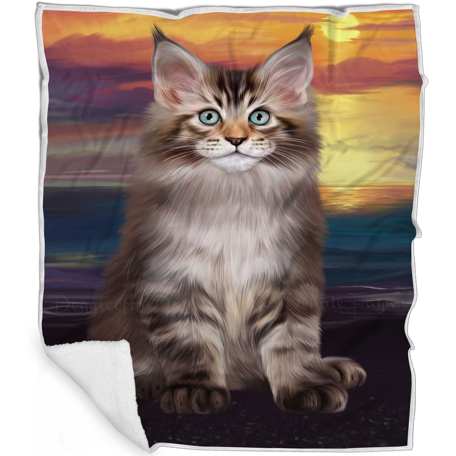 Premium Sunset Maine Coon Cat Blanket - Ultra Soft Lightweight Cozy Throw Blanket for Adults - Luxury Animal Print Woven Blanket for Sofa, Bed, Couch (50x60 Inches) - Perfect for Lounging, Netflix Nights & Home Decor