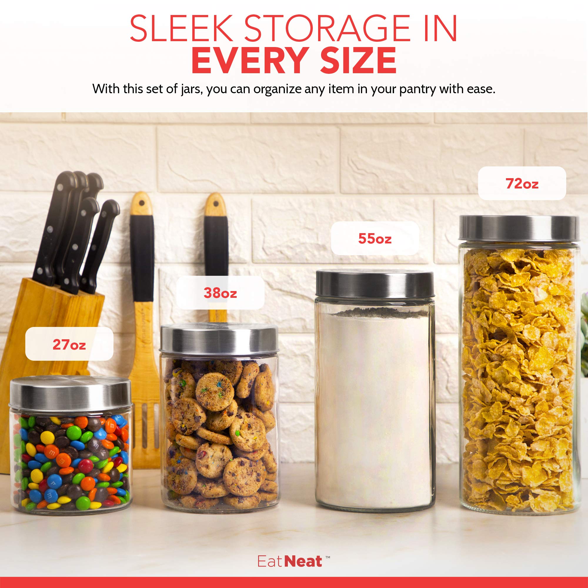EatNeat 6-Piece Glass Canisters Set with Airtight Stainless Steel Lids - Tall Pantry Storage Jars for Flour, Sugar, Coffee & Kitchen Organization - Perfect for Baking, Meal Prep & Home Decor