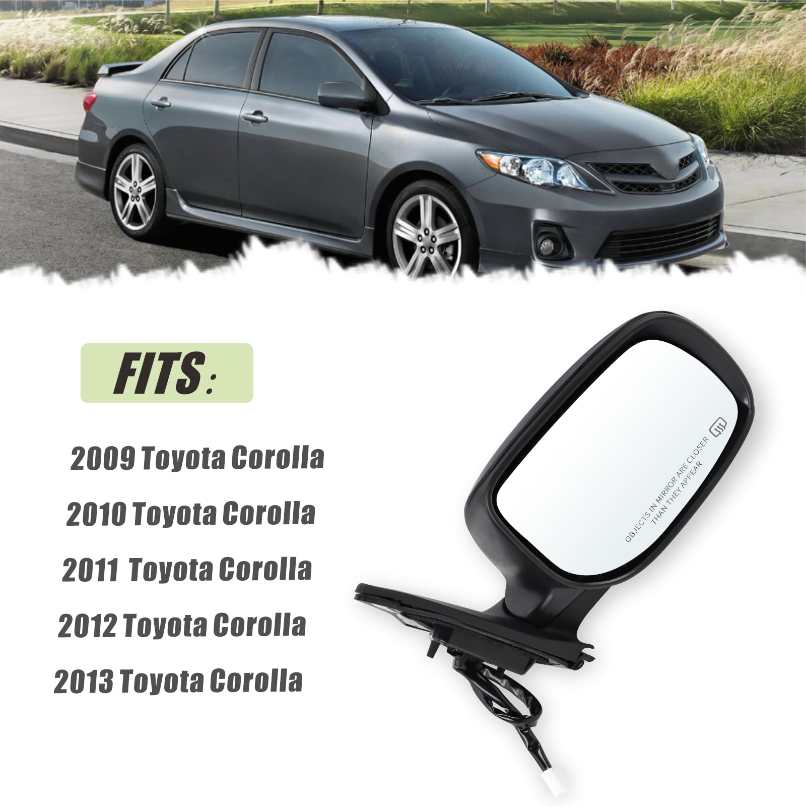 Right Passenger Side Mirror Replacement for 2009-2013 Toyota Corolla - Power Glass, Manual Folding, Heated, Black (5-Pin Connector #8790802B01) - Perfect for Daily Commuting and Road Trips