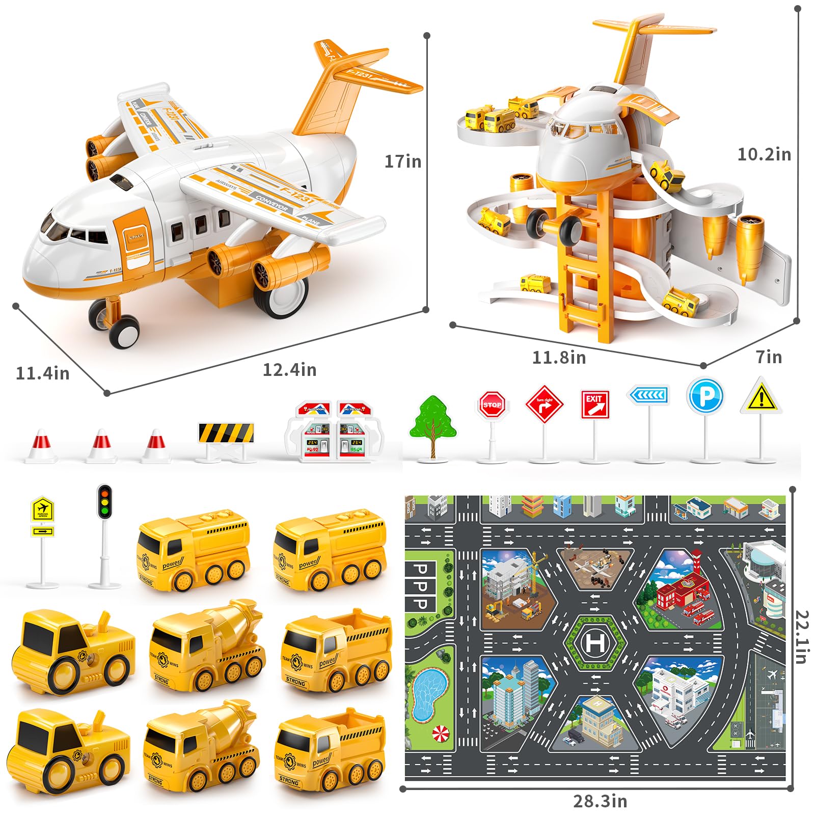 TEMI Kids Airplane & Race Car Toys for Boys 2-6 - 8 Construction Vehicles with Playmat | Birthday Gift for Toddlers | Indoor Play & Adventure Fun