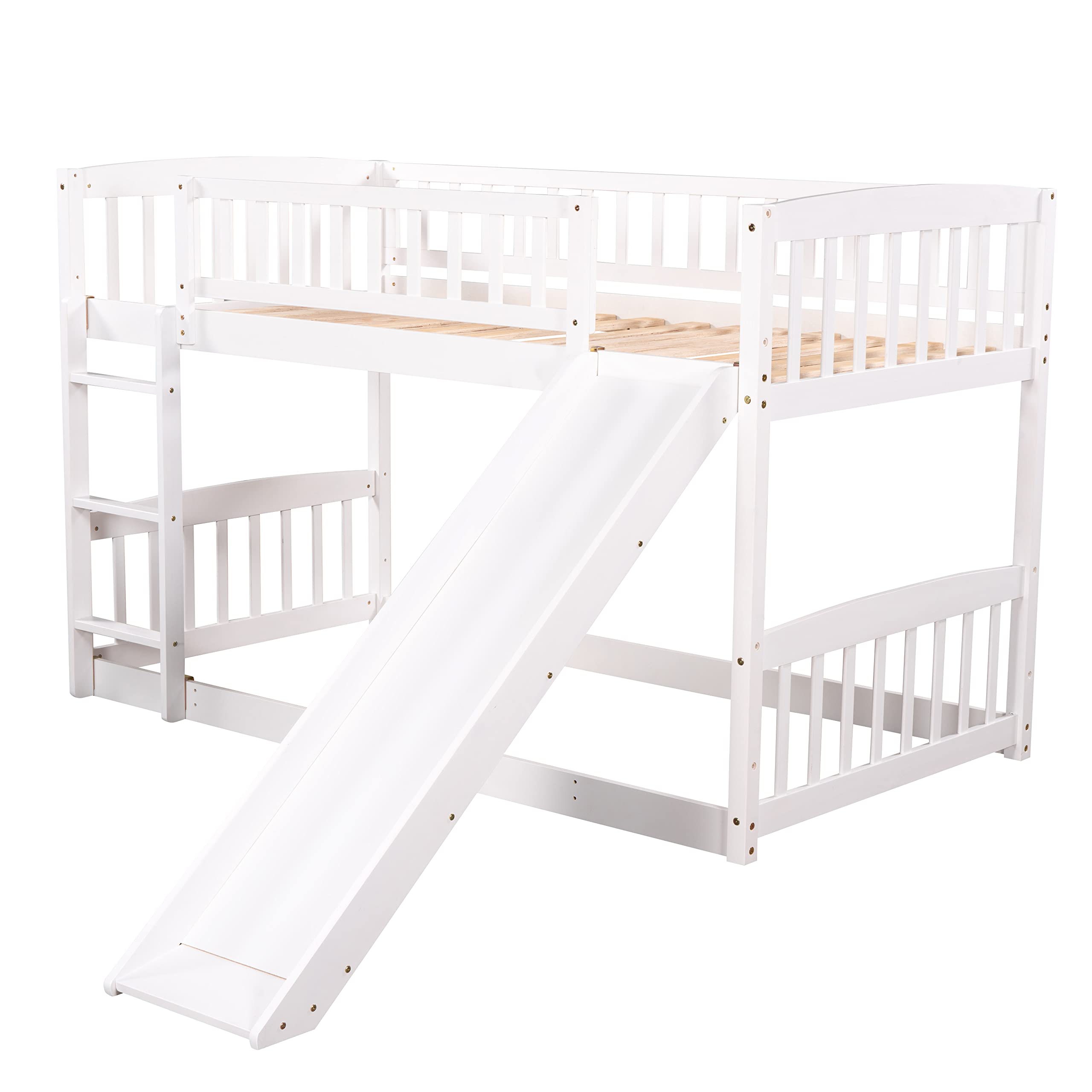 SOFTSEA Twin Over Twin Bunk Bed with Convertible Slide & Ladder - Wooden Low-Profile Bunk Bed Frame with Safety Guardrails, Fence & Door for Kids - Perfect for Small Bedrooms, Kids' Rooms & Sleepovers (White)