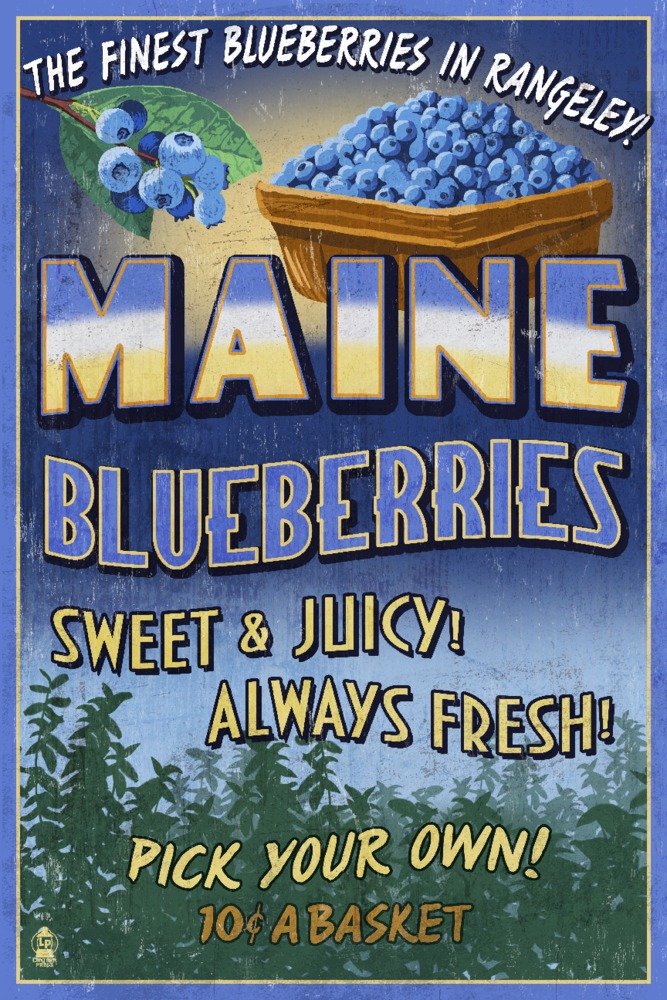 Vintage Blueberry Farm Sign Art Print - Rangeley Maine 24x36 Signed Wall Decor Poster for Kitchen, Living Room & Office