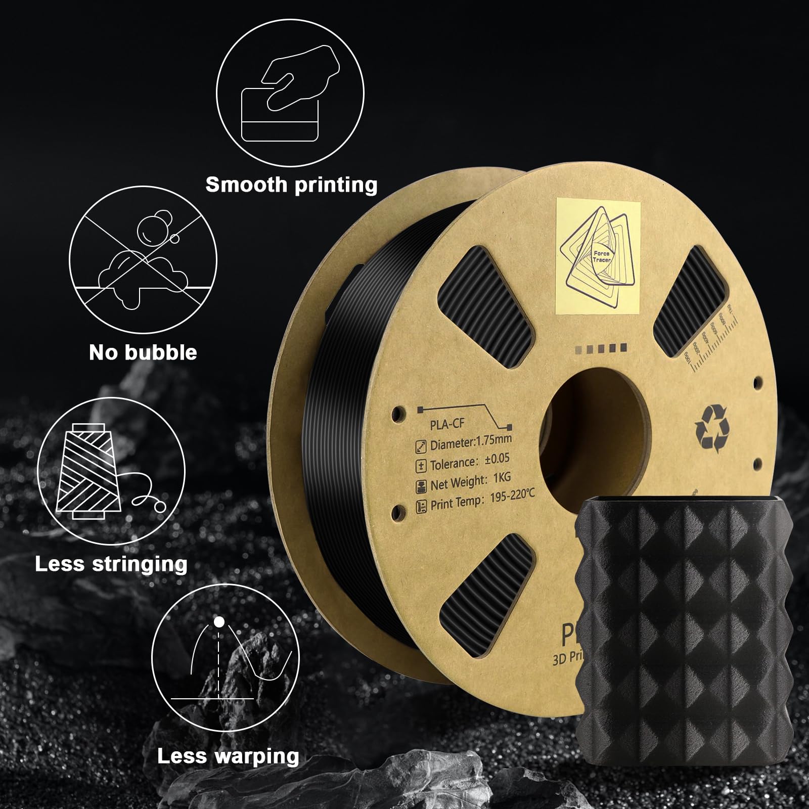 Premium Carbon Fiber PLA Filament 1.75mm - High Strength 3D Printer Filament - Black PLA-CF Composite Material - 340m Spool (2.2 LBS) for FDM 3D Printers - Perfect for Automotive Parts, Drone Frames & Industrial Prototypes