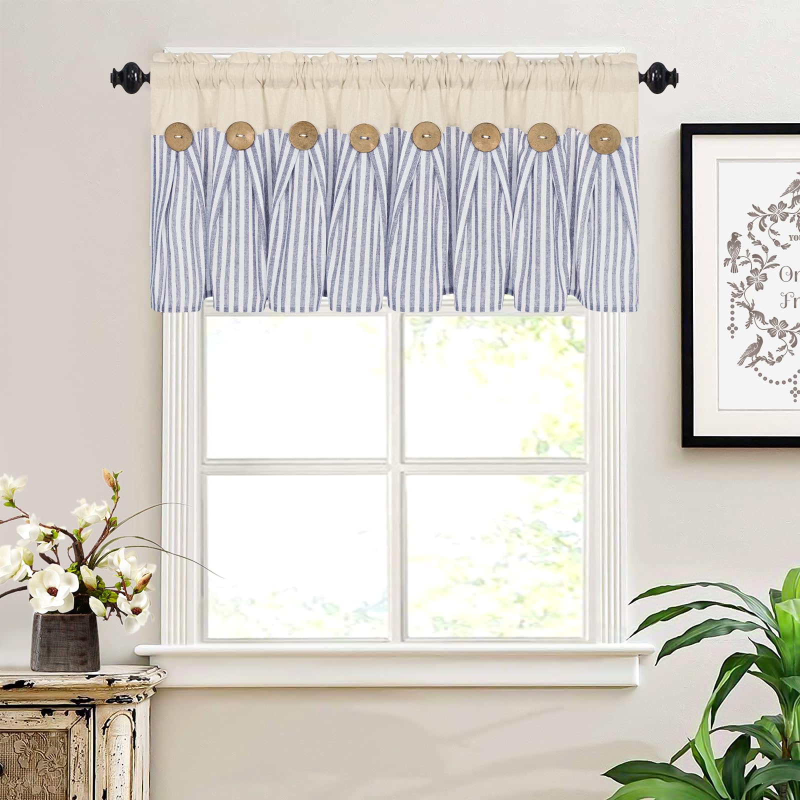 BLEUM CADE Cotton Linen Farmhouse Kitchen Valance Curtains - Boho Rustic Button Valances with Natural/Blue Stripe Color Block - Rod Pocket Window Valances for Small Windows - Perfect for Cafe, Bathroom, Bedroom & Kitchen Decor