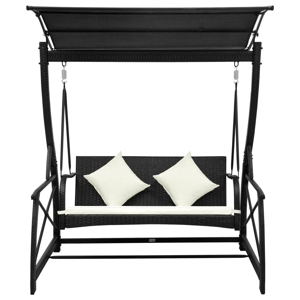 vidaXL Patio Swing Chair with Adjustable Canopy & Cushion - Outdoor Hanging Daybed Bench in Black Poly Rattan - Perfect for Balcony, Garden, Porch & Backyard Relaxation