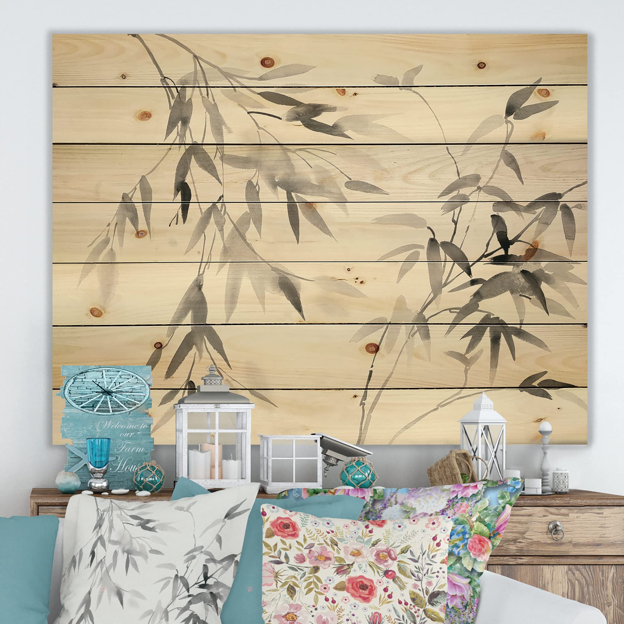 DesignQ Bamboo Leaves Farmhouse Wood Wall Decor - Black Wood Wall Art, Large Floral Wood Panels Printed on Natural Pine - Perfect for Living Room, Bedroom & Home Office Decor