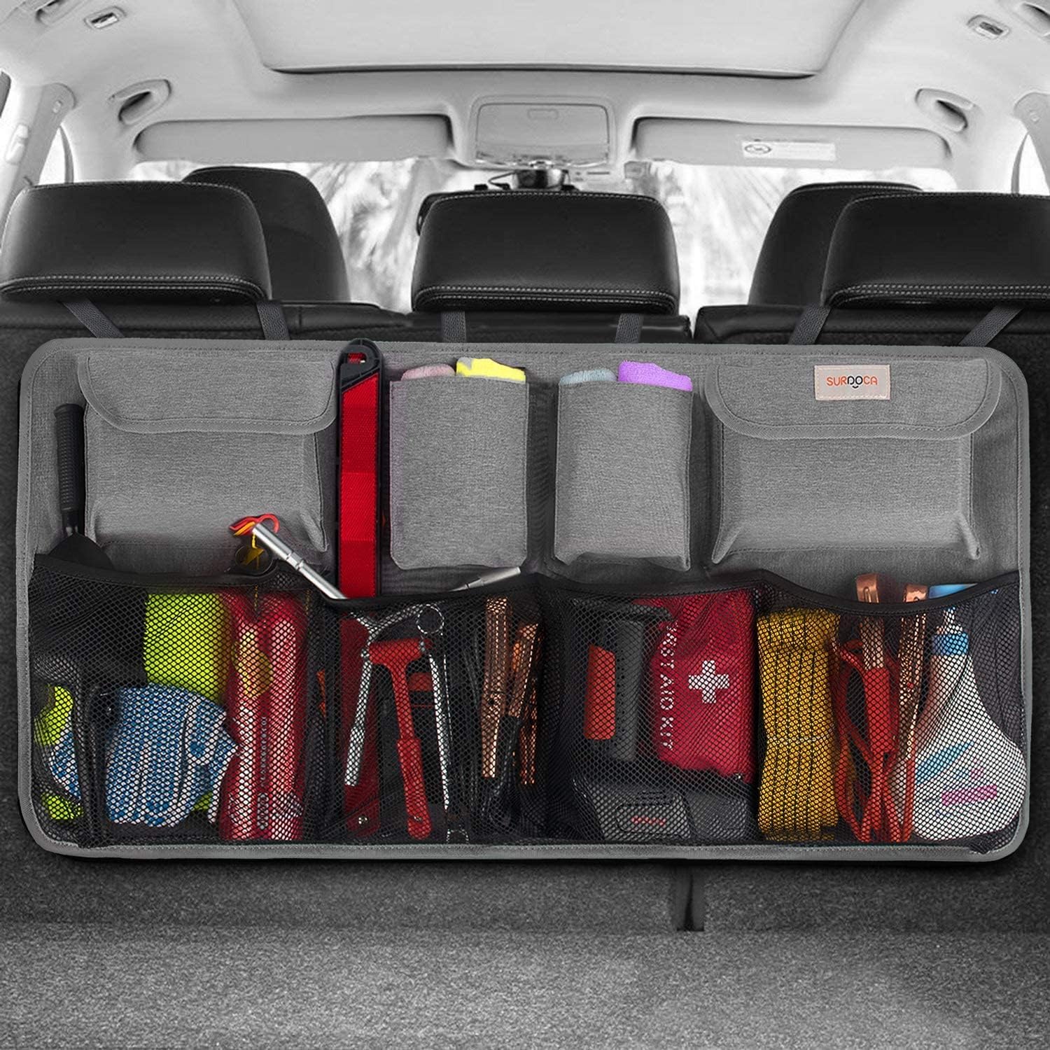 SURDOCA 3rd Gen Car Trunk Organizer - 7 Times Upgraded Super Capacity SUV Storage with Elastic Net & Lids | Space Saving Expert for Travel, Camping & Daily Commute