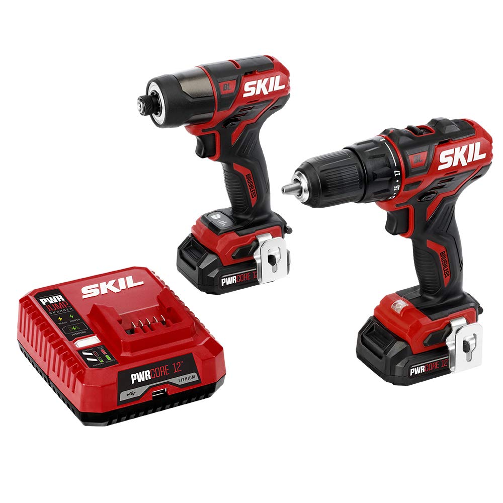 SKIL 2-Tool Combo Kit: PWRCore 12 Brushless 12V Cordless Drill Driver (1/2 Inch) & 1/4 Inch Hex Impact Driver with 2x 2.0Ah Lithium Batteries & PWRJump Charger - Perfect for DIY Projects, Home Repairs & Professional Construction Work - CB736701