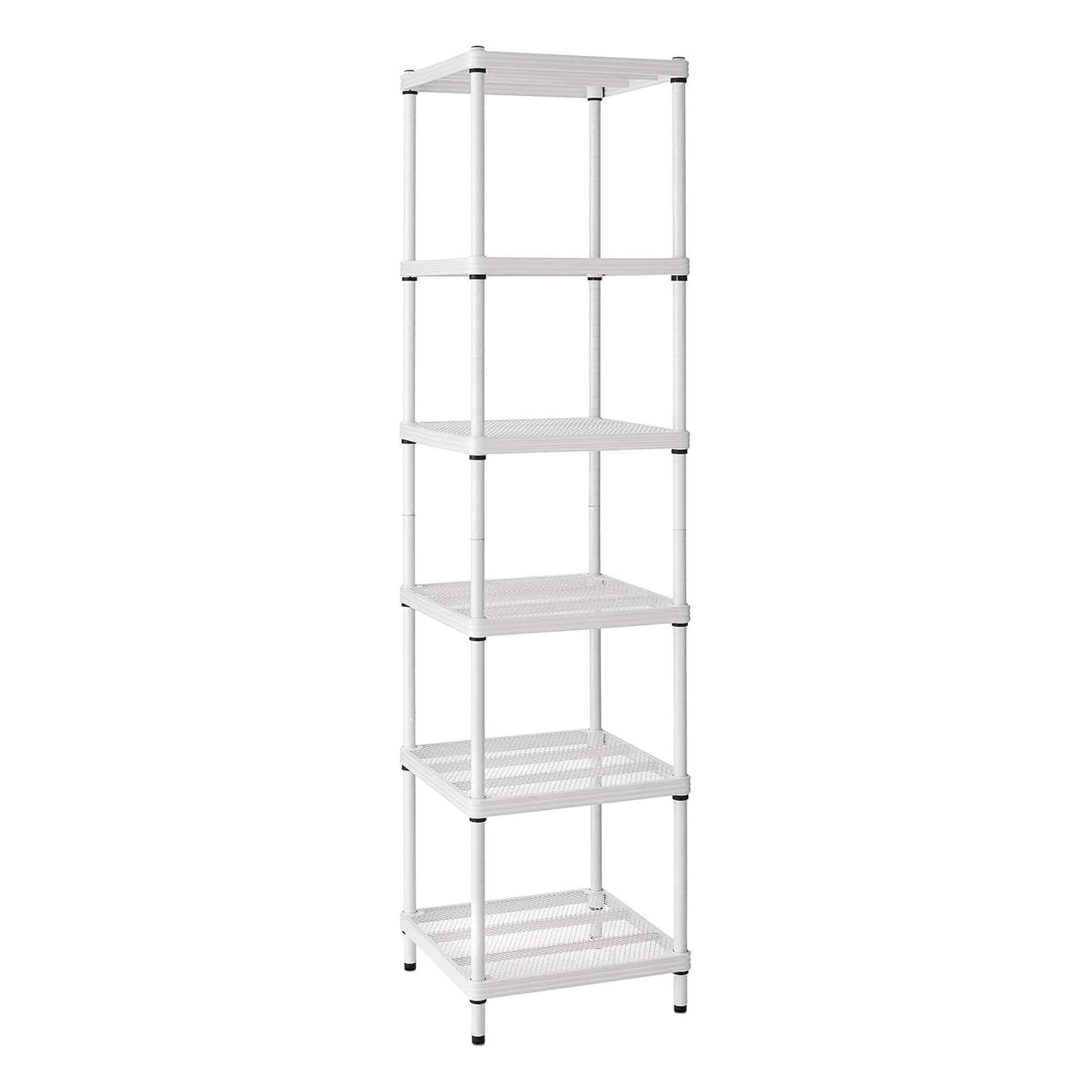 MeshWorks 6-Tier Narrow Metal Storage Shelf Tower - 17.7”x17.7”x70.9” White Organizer for Kitchen, Bathroom, Garage, Pantry & Laundry Room - Space-Saving Vertical Storage Solution for Small Spaces