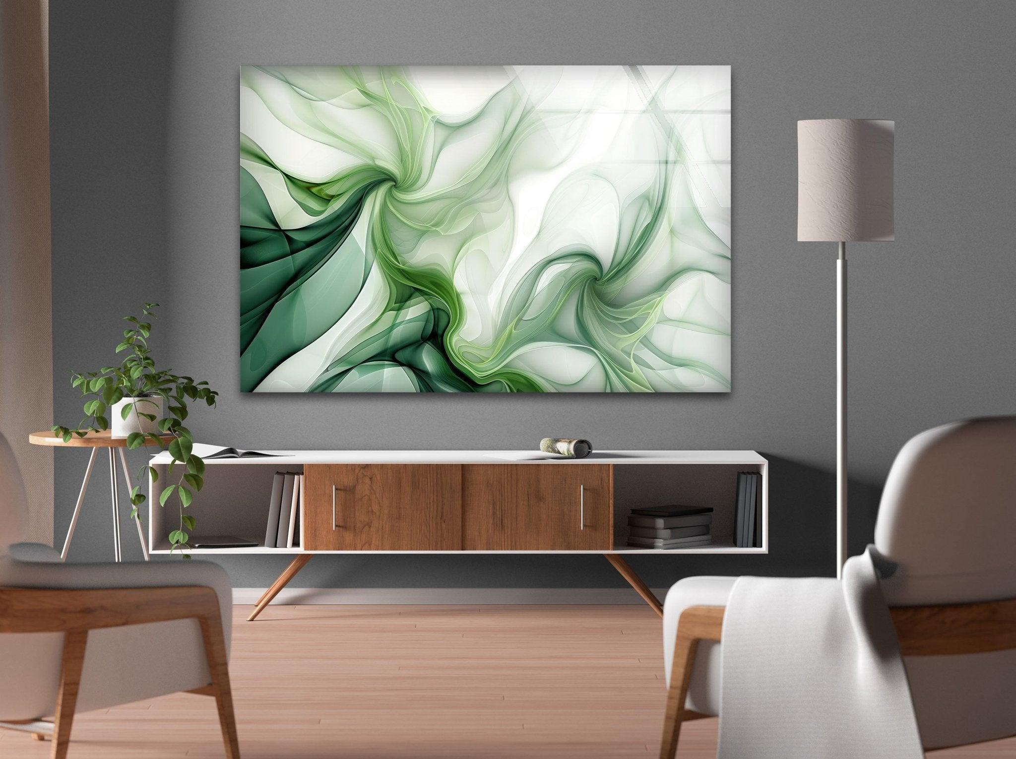 Abstract Green Ink Splash Glass Wall Art - Modern Home Decor for Living Room, Bedroom & Office - Unique Handmade Glass Painting for Contemporary Interior Design