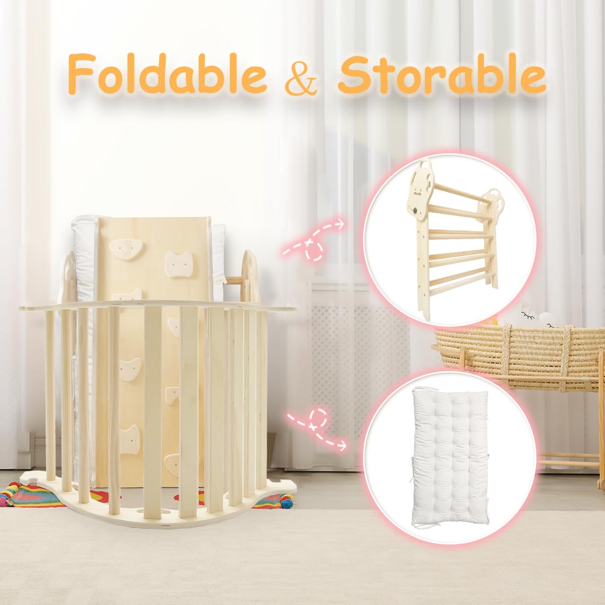 **Montessori Pikler Triangle Set 7-in-1 - Foldable Wooden Climbing Toy for Toddlers 18 Months to 6 Years - Indoor Jungle Play Gym with Ramp, Arch & Ladder - Perfect for Home Playrooms & Daycare Centers**