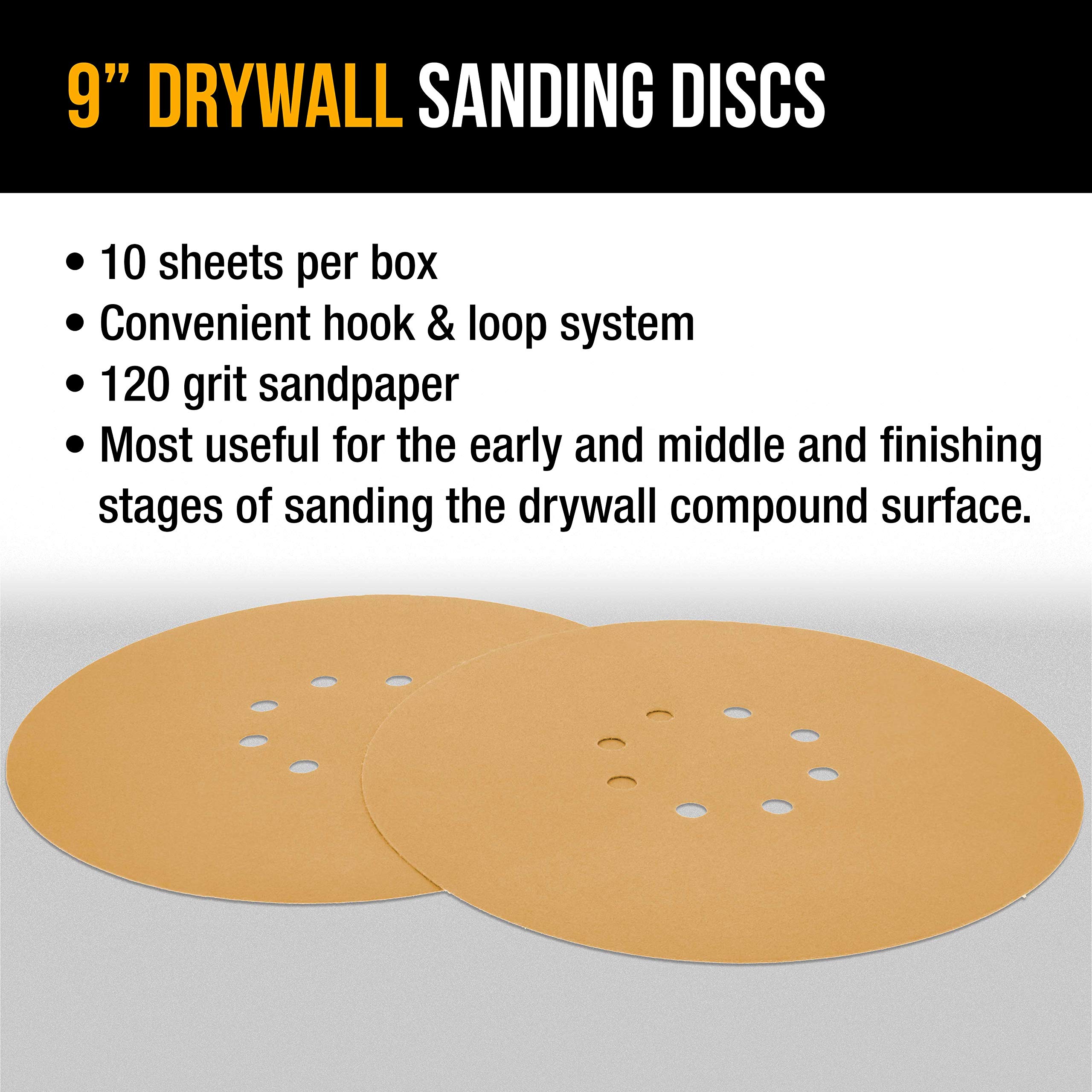 Dura-Gold Premium 9 Inch 120 Grit Drywall Sanding Discs - 10 Pack with Hook & Loop Backing - Fast Cutting Aluminum Oxide Sandpaper for Power Sanders - Ideal for Drywall, Wood Sanding & Surface Preparation