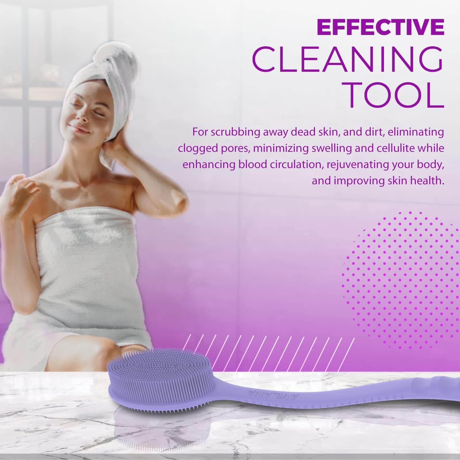 Avilana 19-Inch Silicone Back Scrubber with Handle - Long Shower Brush for Exfoliating & Cleansing - Soft Loofah Scrubber for Men & Women - Perfect for Hard-to-Reach Areas & Spa-Like Experience (Lavender)