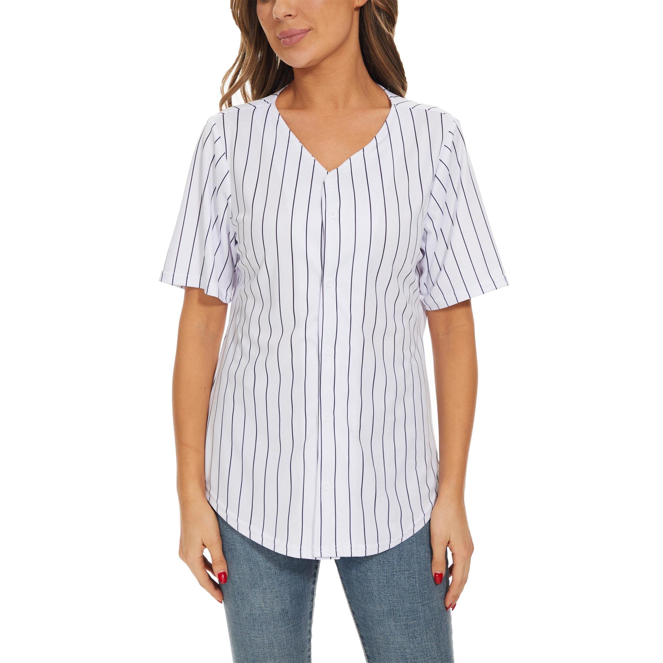 Women's Baseball Jerseys - Blank Button Down V-Neck Softball Team Uniform with Wide Stripes | Fashionable Short Sleeve Top for Casual Wear, Sports Games & Team Events