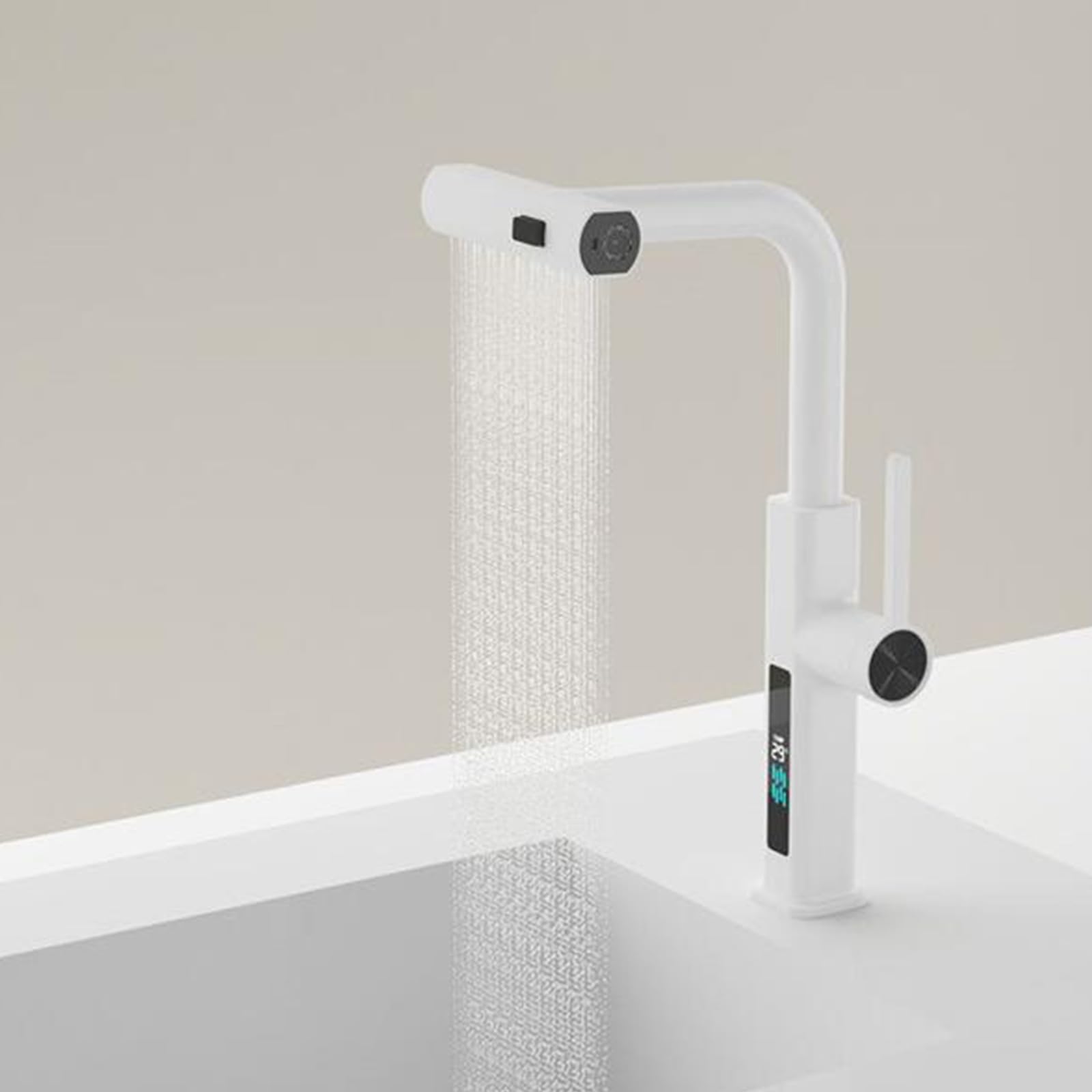 Brass Pull-Out Spray Bathroom Sink Faucet - White Modern Basin Mixer Tap with Adjustable Water Flow for Bathroom Vanity, Kitchen, and Utility Sink Installation