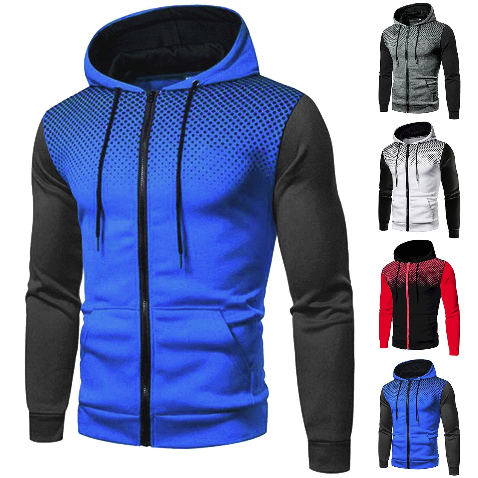 LSIYI Men's Polka Dot Zip-Up Hoodie with Pockets - Casual Warm Fleece Sweatshirt for Autumn & Winter (Blue, XL) - Perfect for Outdoor Activities, Travel, and Daily Wear